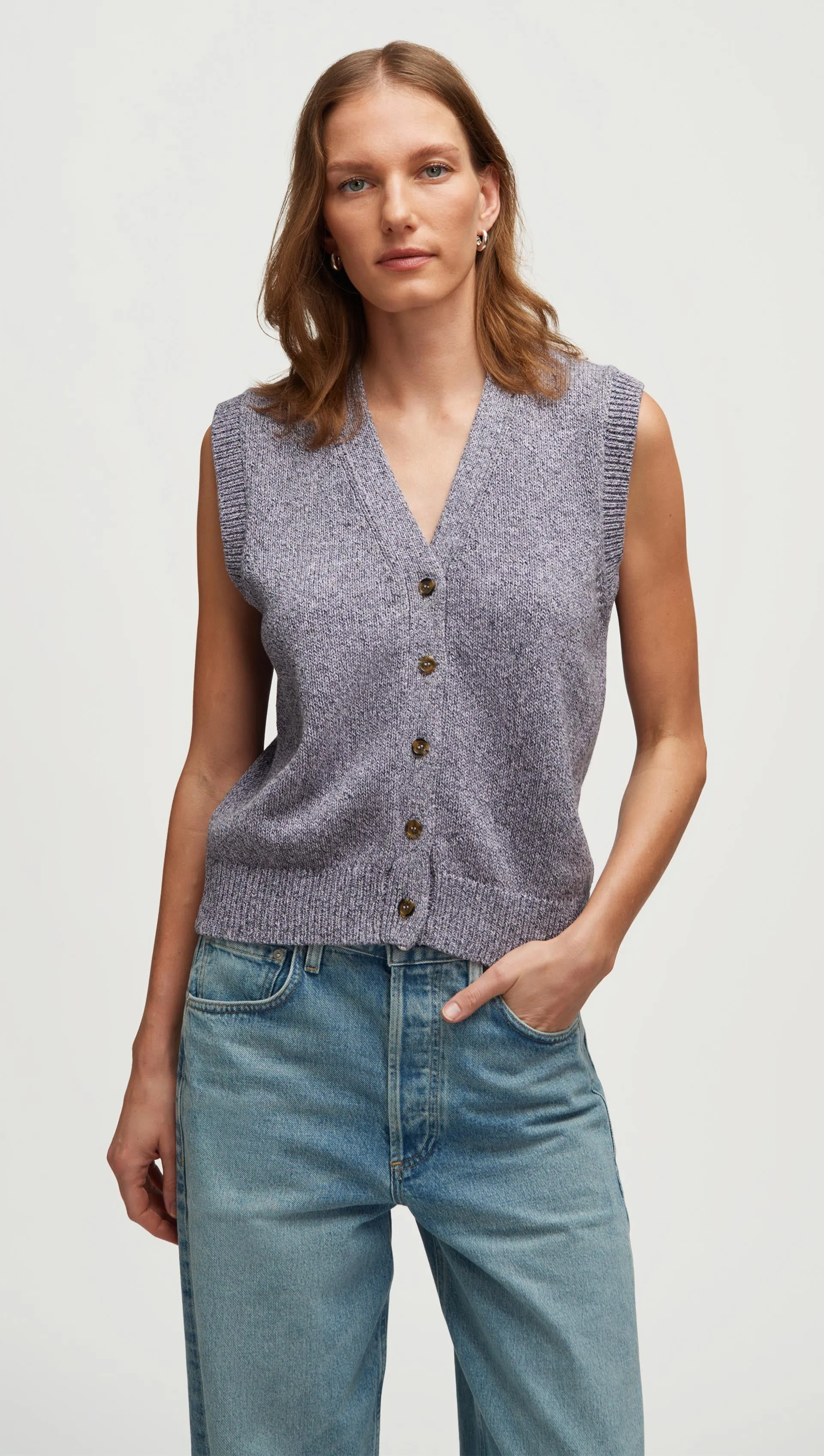 Knit Button Vest in Cotton | Purple Multi Stretchable Cuffs