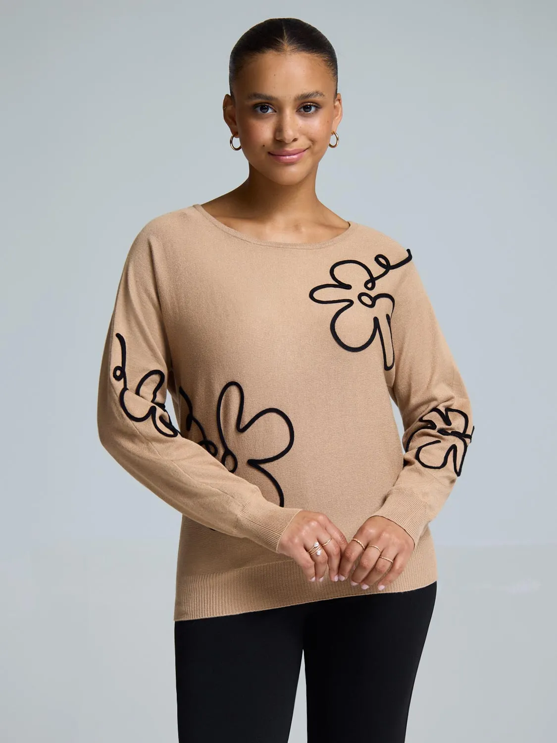 Heat Retention Technology Knit Sweater With Floral Design