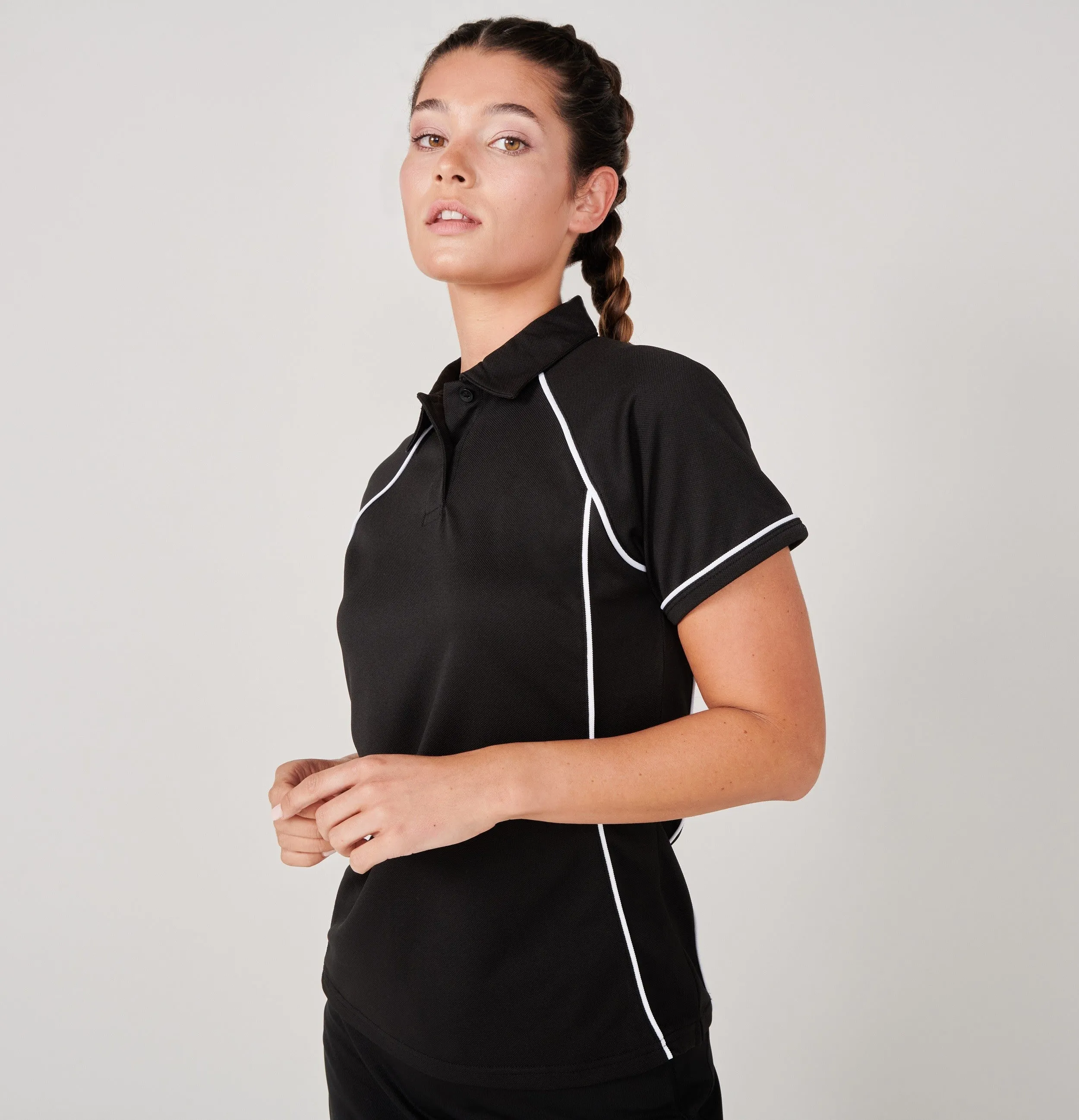 Ladies Performance Piped Polo | BLACK/WHITE Lightweight Comfort