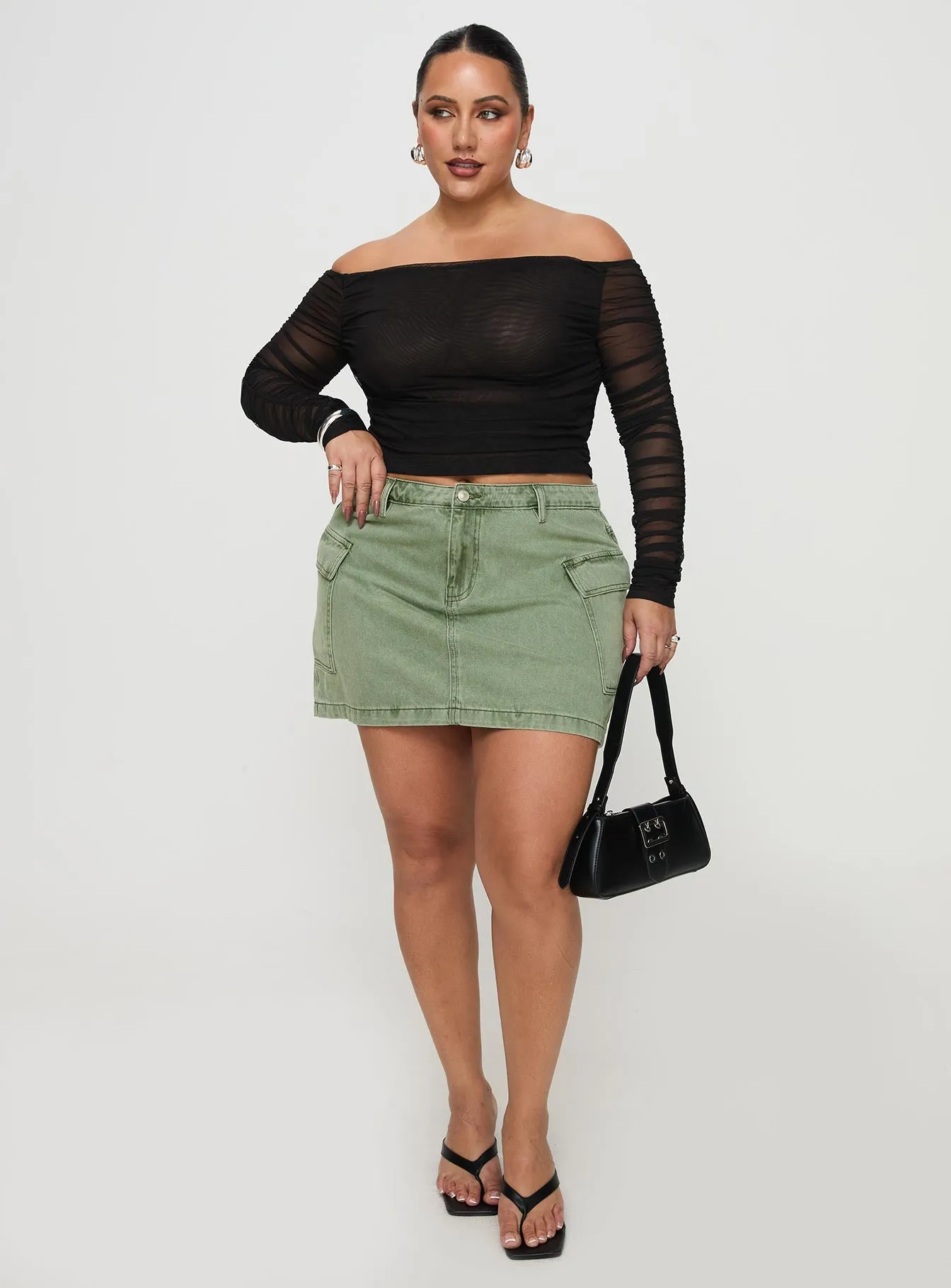 Silk Touch Zakai Cargo Denim Mini Skirt Green Curve