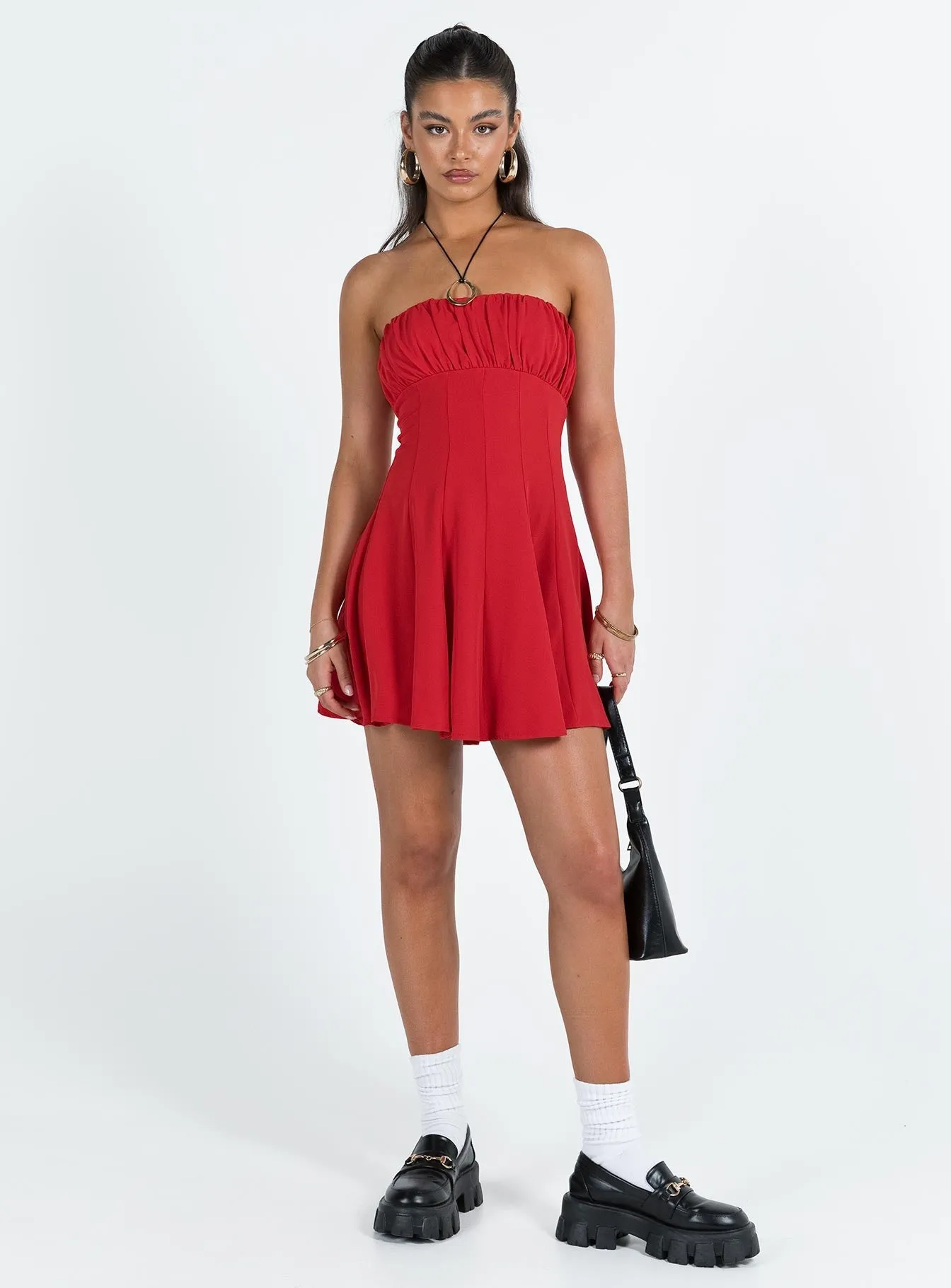 Shirred-Detail Edge Detail Largo Strapless Mini Dress Red