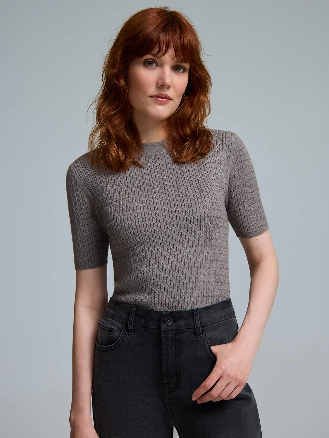 Gentle Tone Loungewear Friendly Short Sleeve Cable Knit Sweater