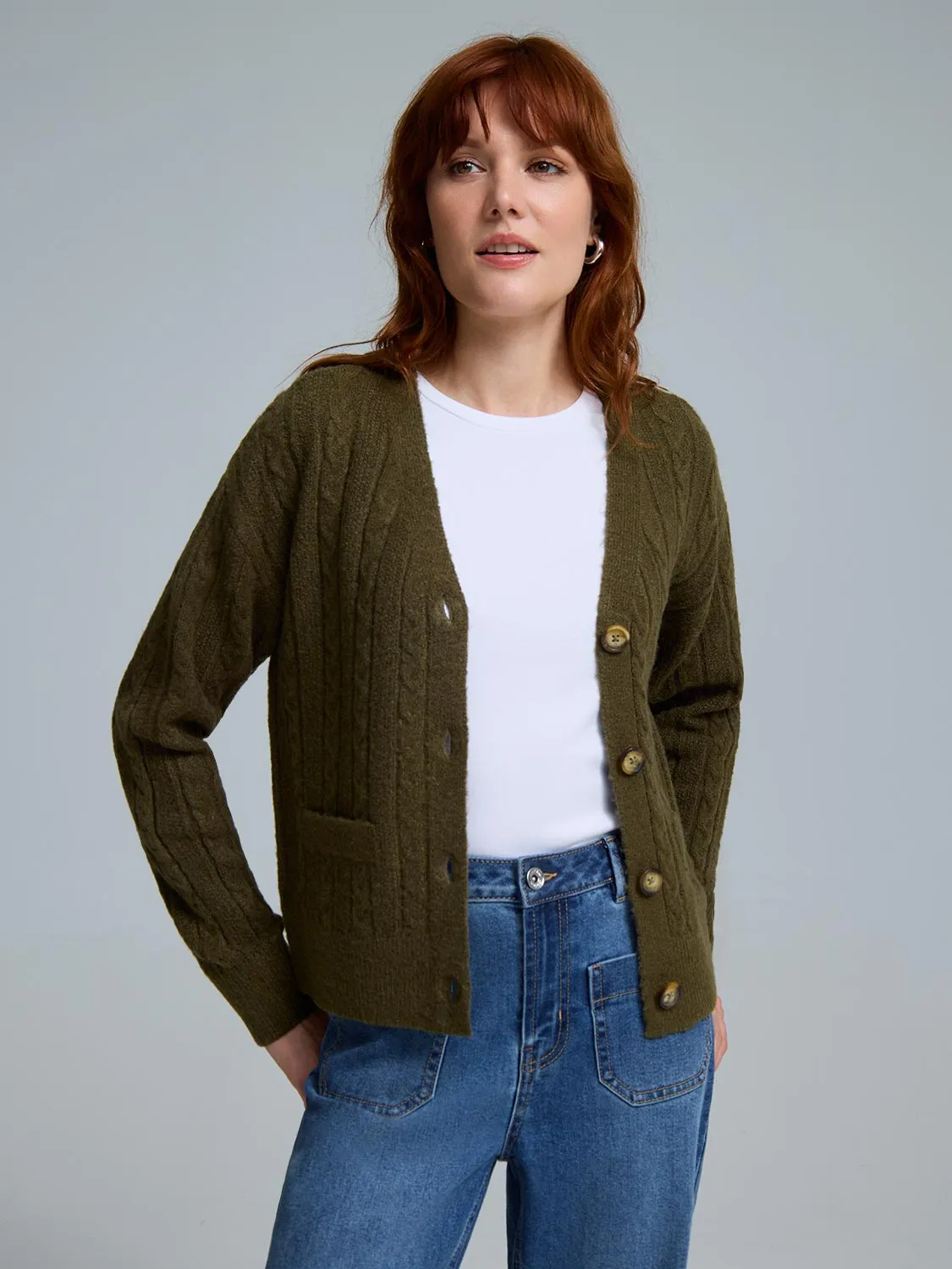 V-Neck Cable Knit Cardigan Under Layer