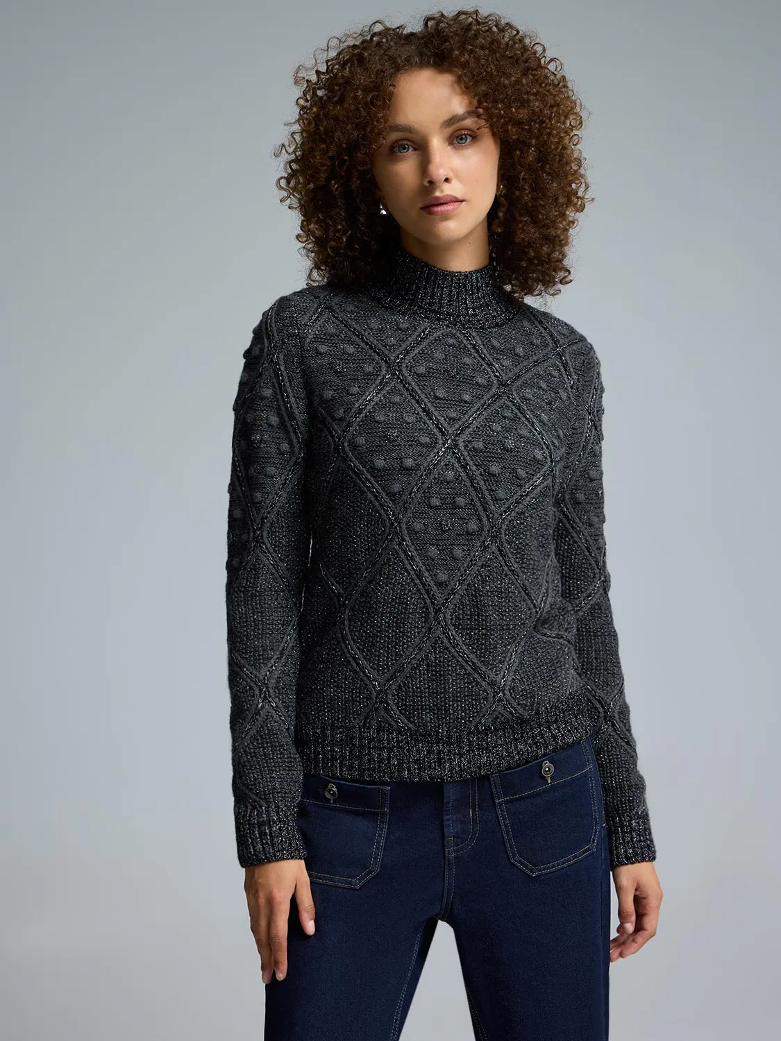 Mock Neck Pom Pom Detailed Sweater Interlock Weave