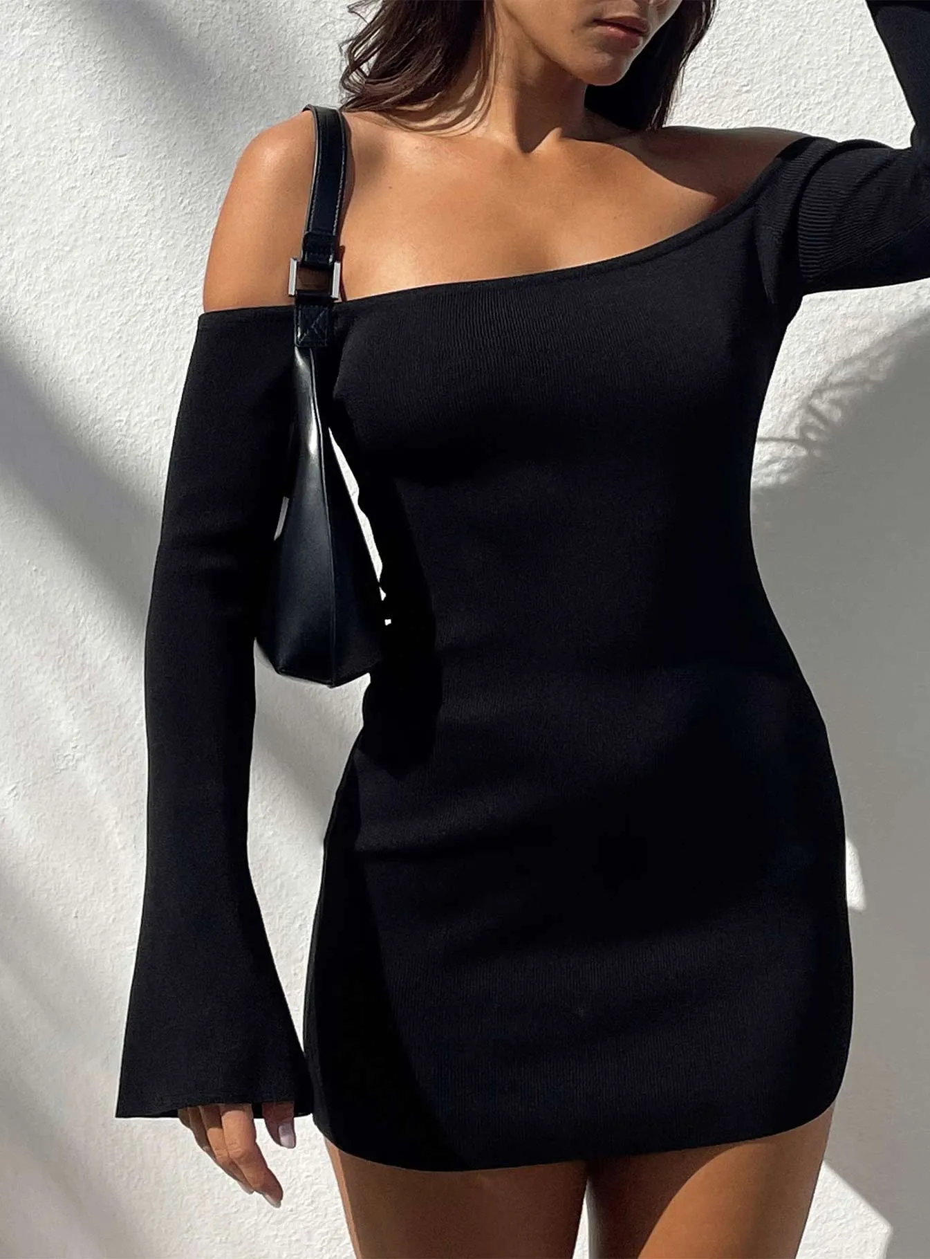 soft elegance Shine Soft Parisa Long Sleeve Mini Dress Black Tall