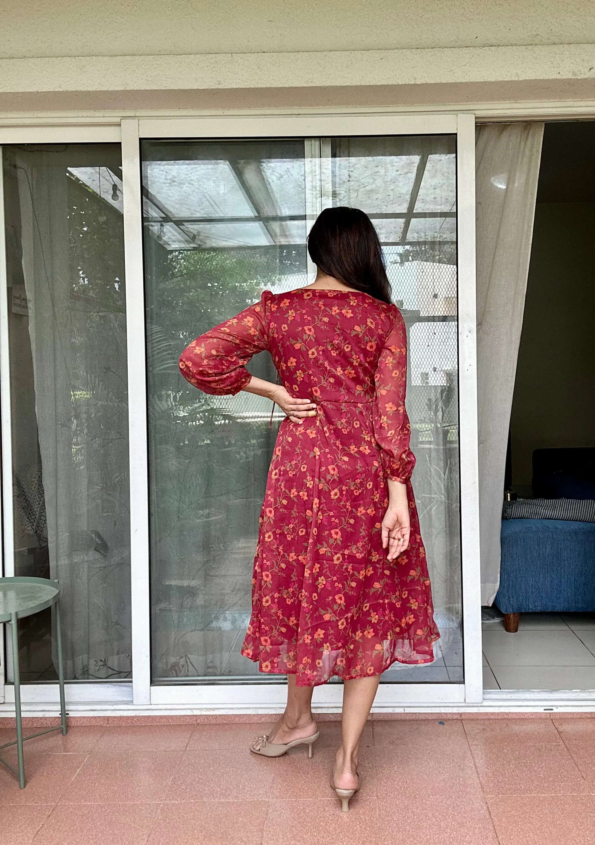 Street Casual Lace Fine Lehja Maroon Dress