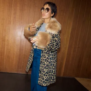 Leopard Coat with Faux Fur Trims Ergonomic Seams Flexible Joint Articulation