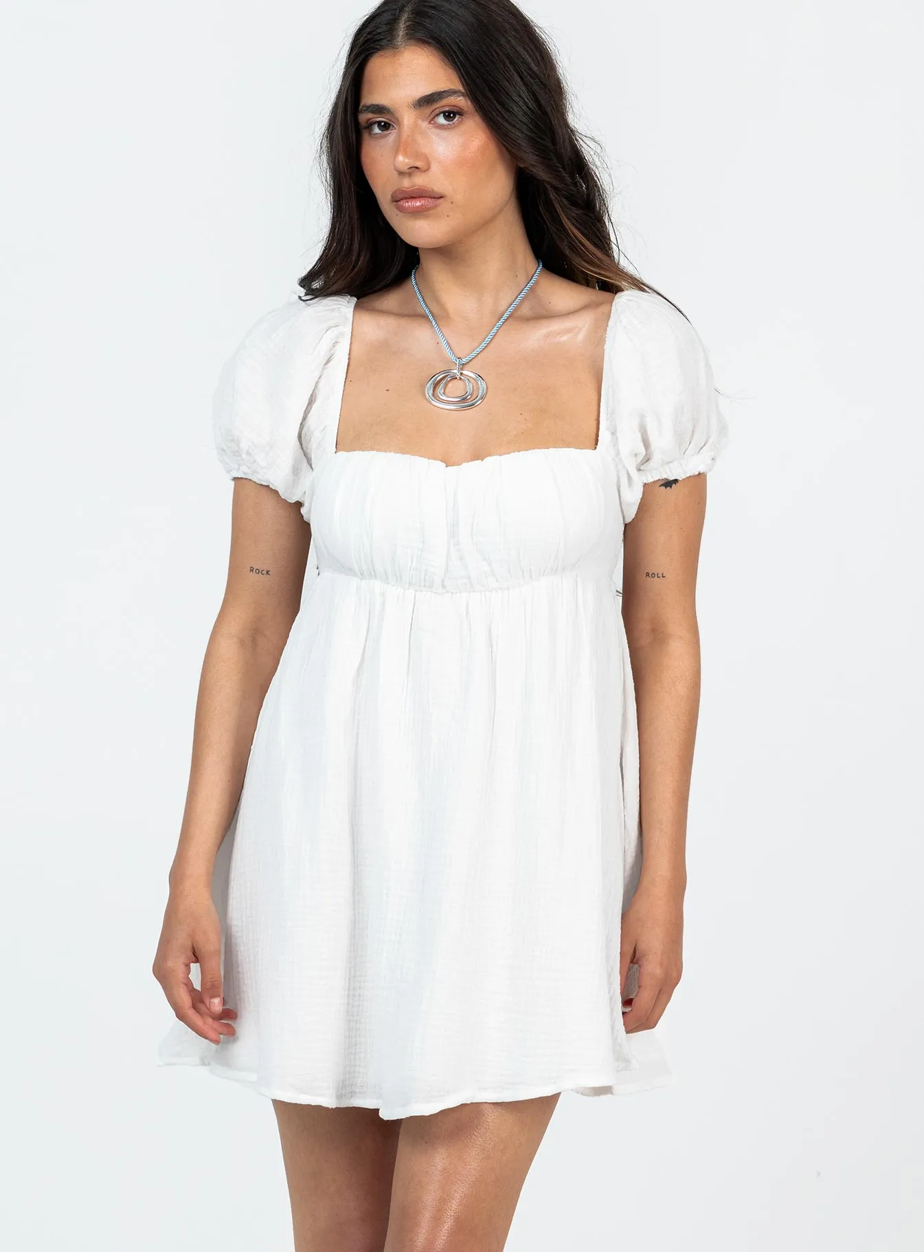 Office Shape Glossy-Finish Let's Dance Mini Dress White Petite