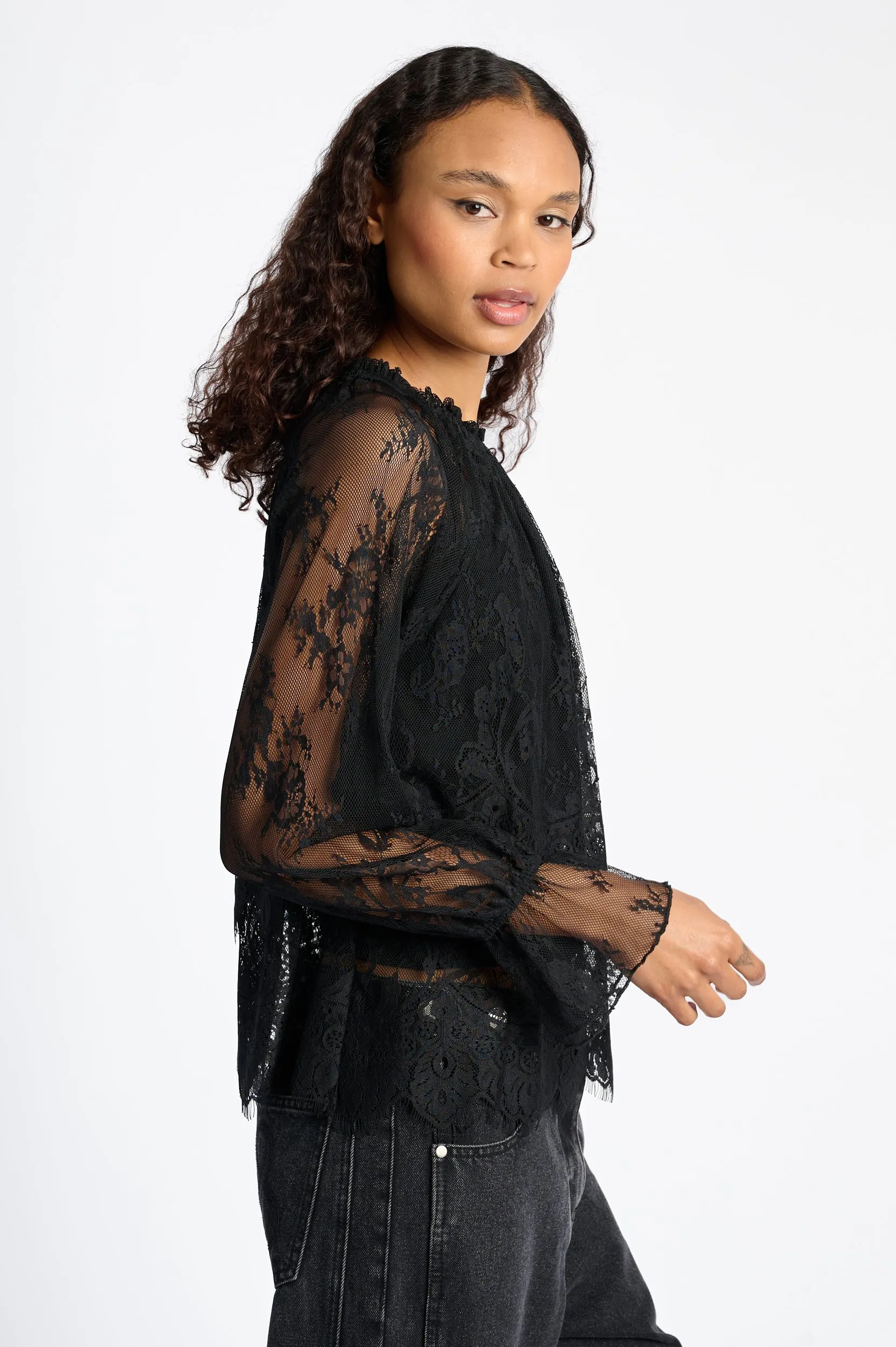 Tiered Blouse in Black Lace Wool combination Smart Comfort