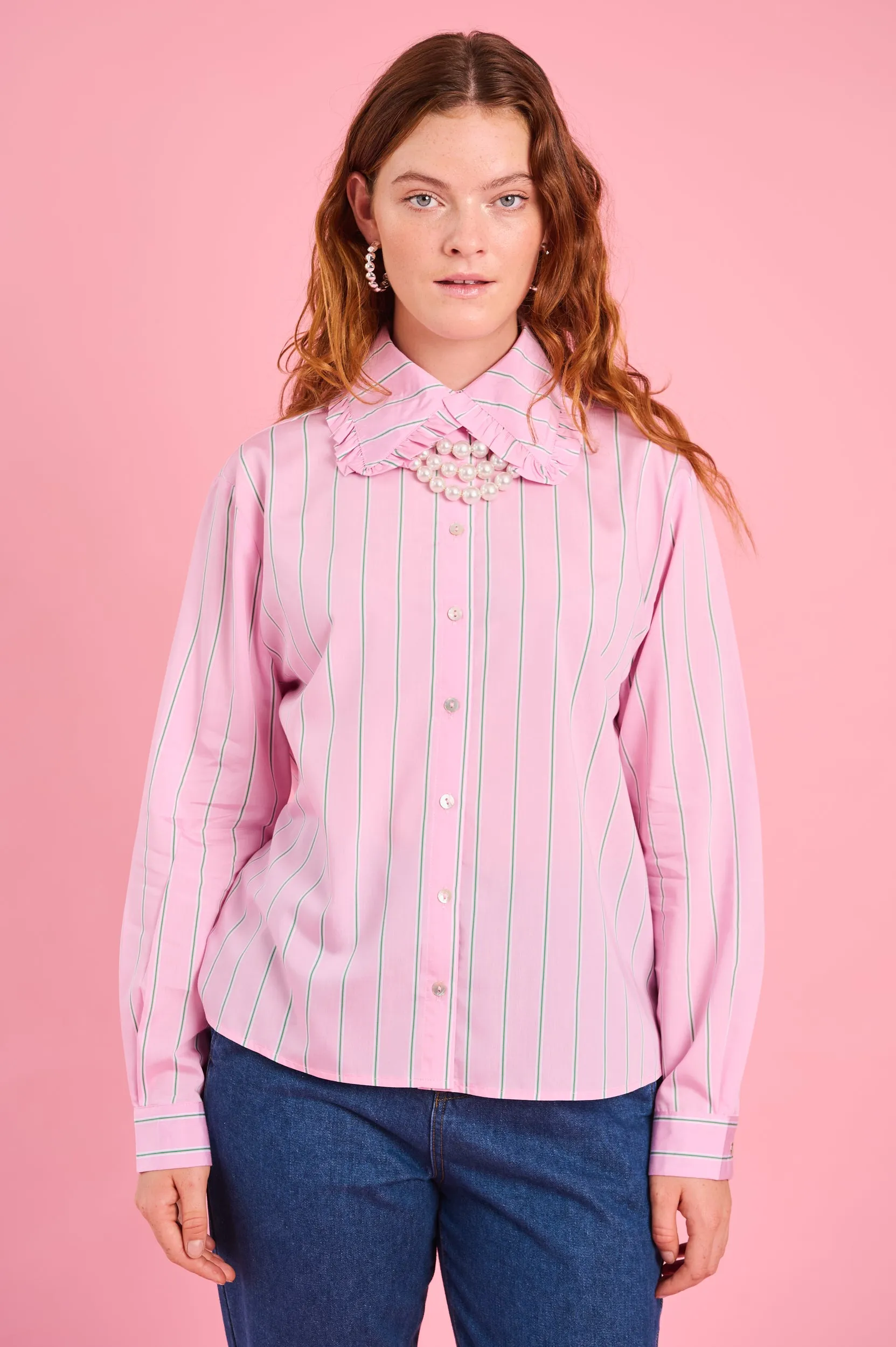 Peter Pan Collar Shirt in Pink Stripe RibbedNeckBanding
