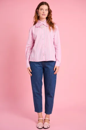 Raw Hem Finish Sustainable Fibers Peter Pan Collar Shirt in Pink Stripe