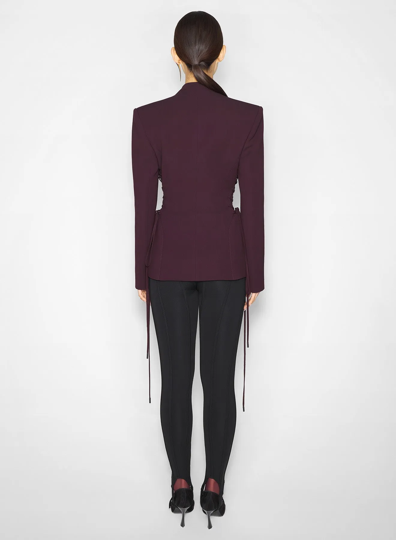 burgundy sculptural laced jacket Low Profile Collar Design PFC Free Treatment
