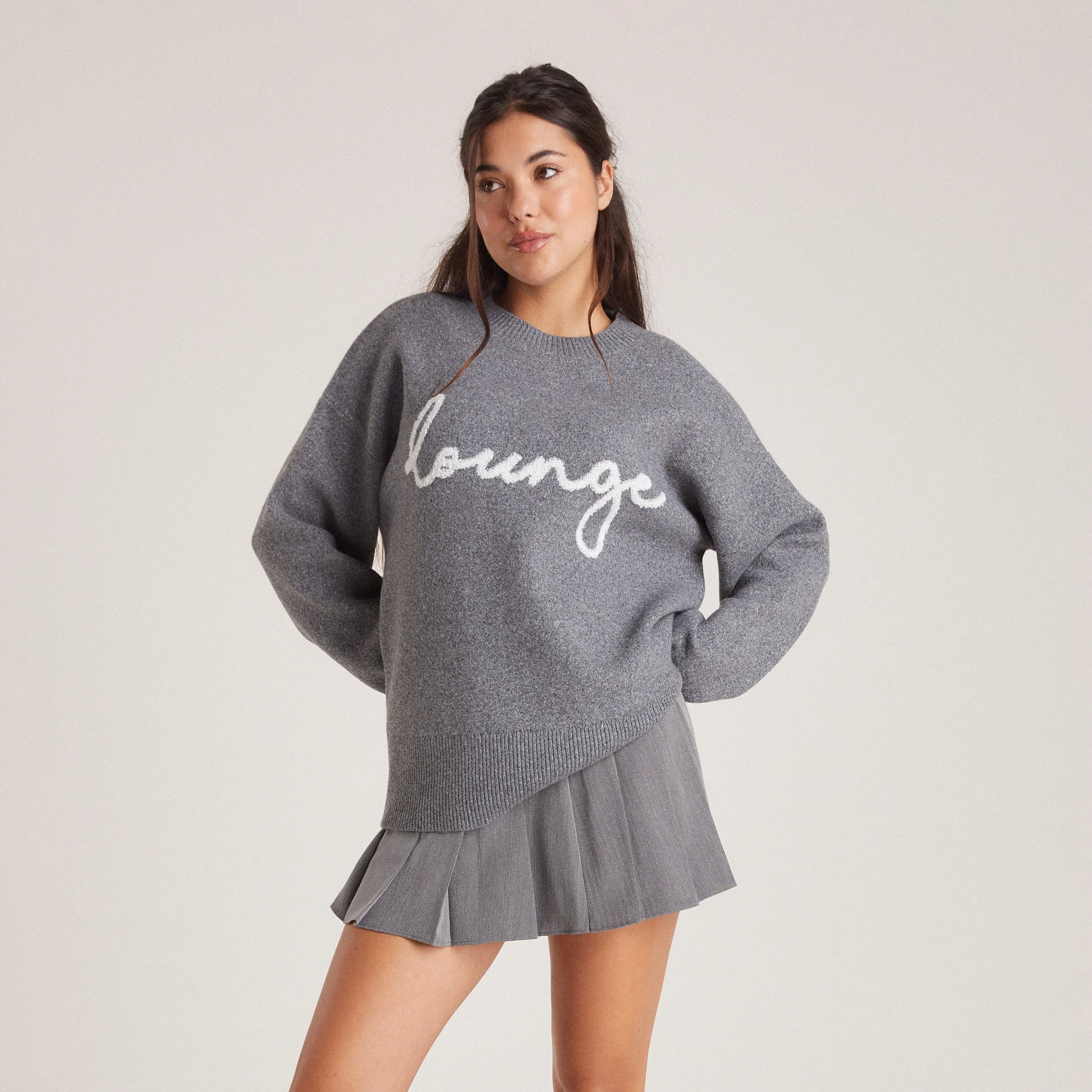 Elastic Lounge Knitted Crew Neck Jumper - Grey
