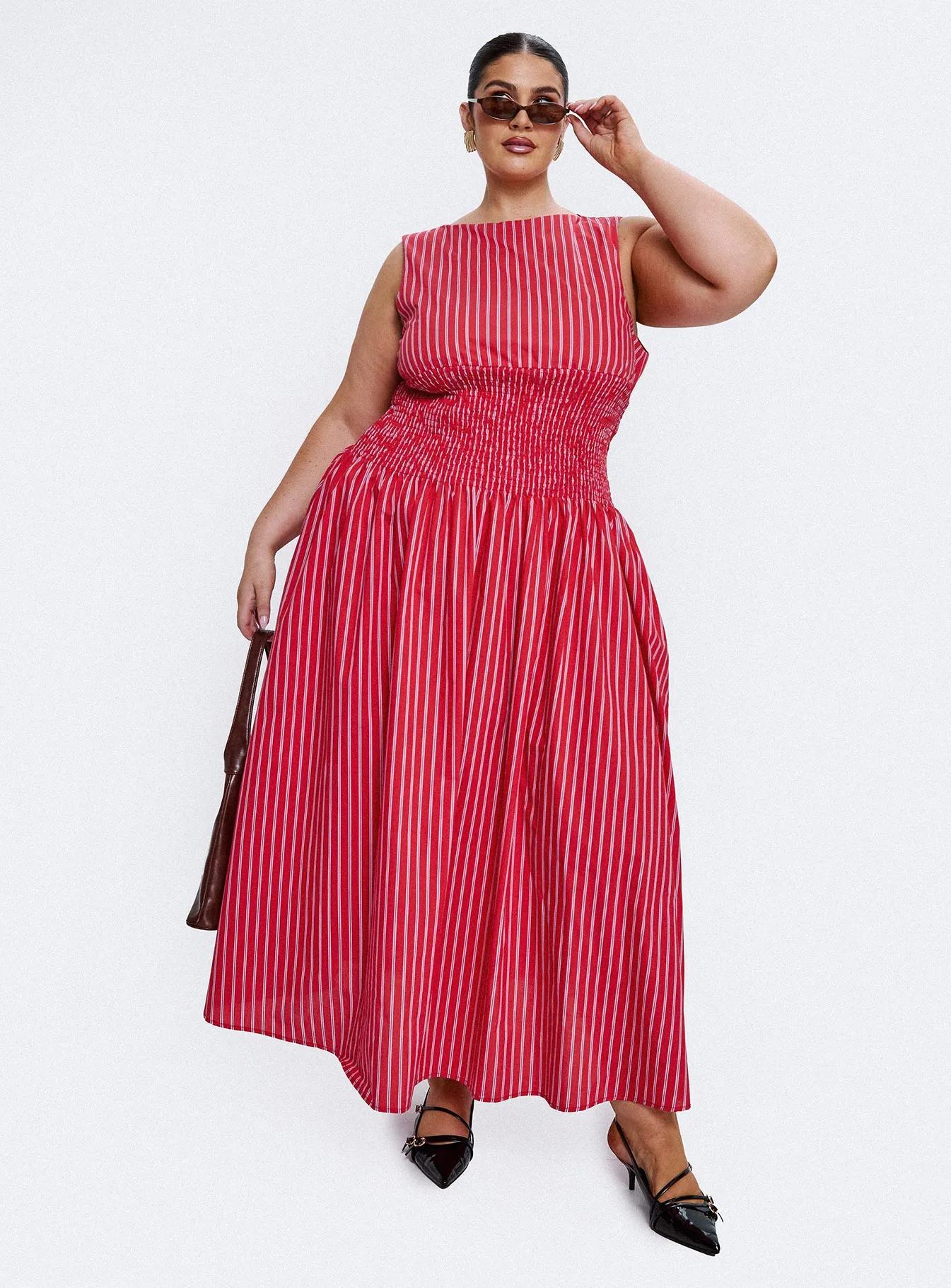 Casual Days Lilienne Cotton Poplin Maxi Dress Red Stripe Curve