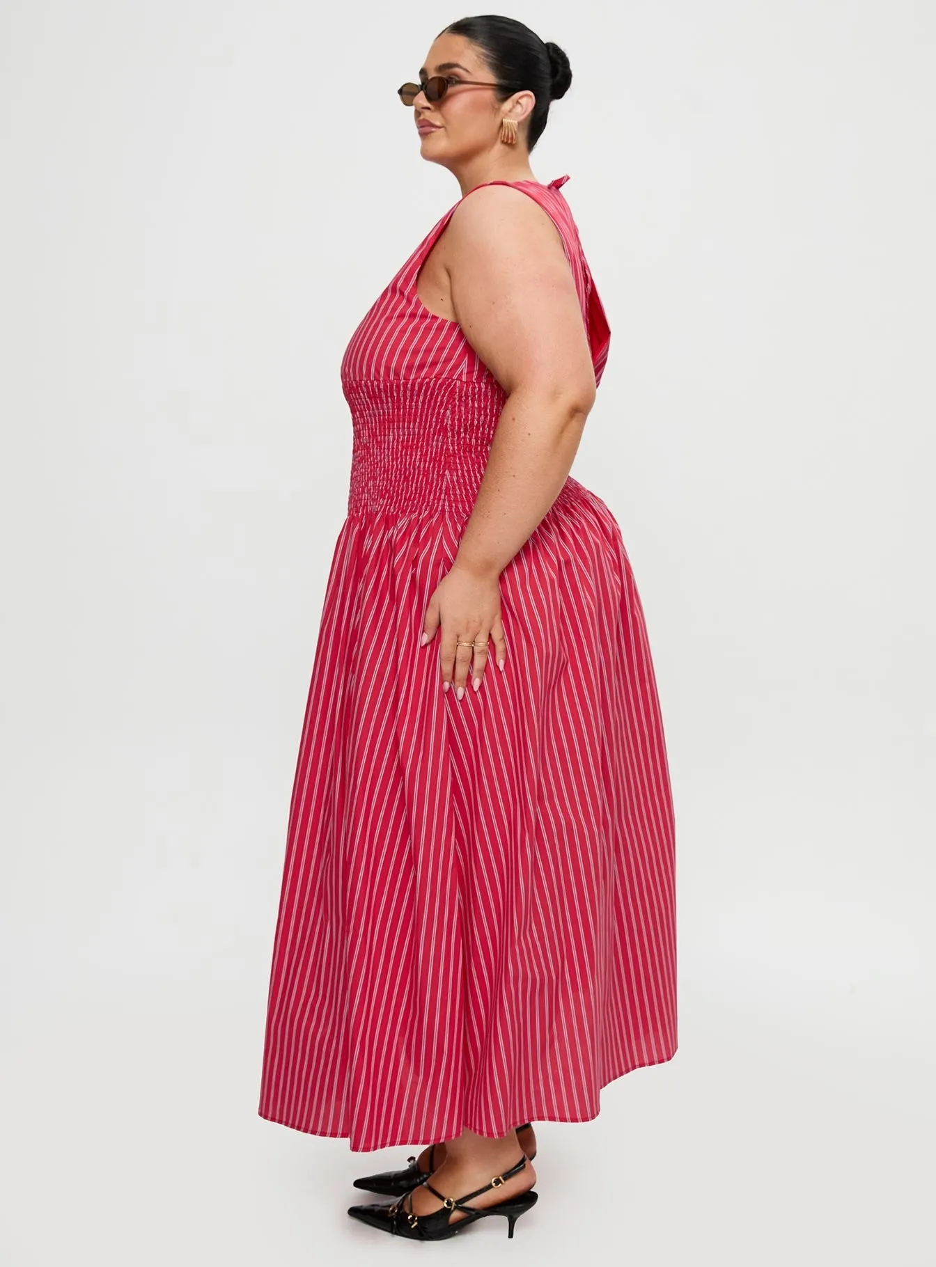 Lilienne Cotton Poplin Maxi Dress Red Stripe Curve Tonal-Stitching Smart Layers