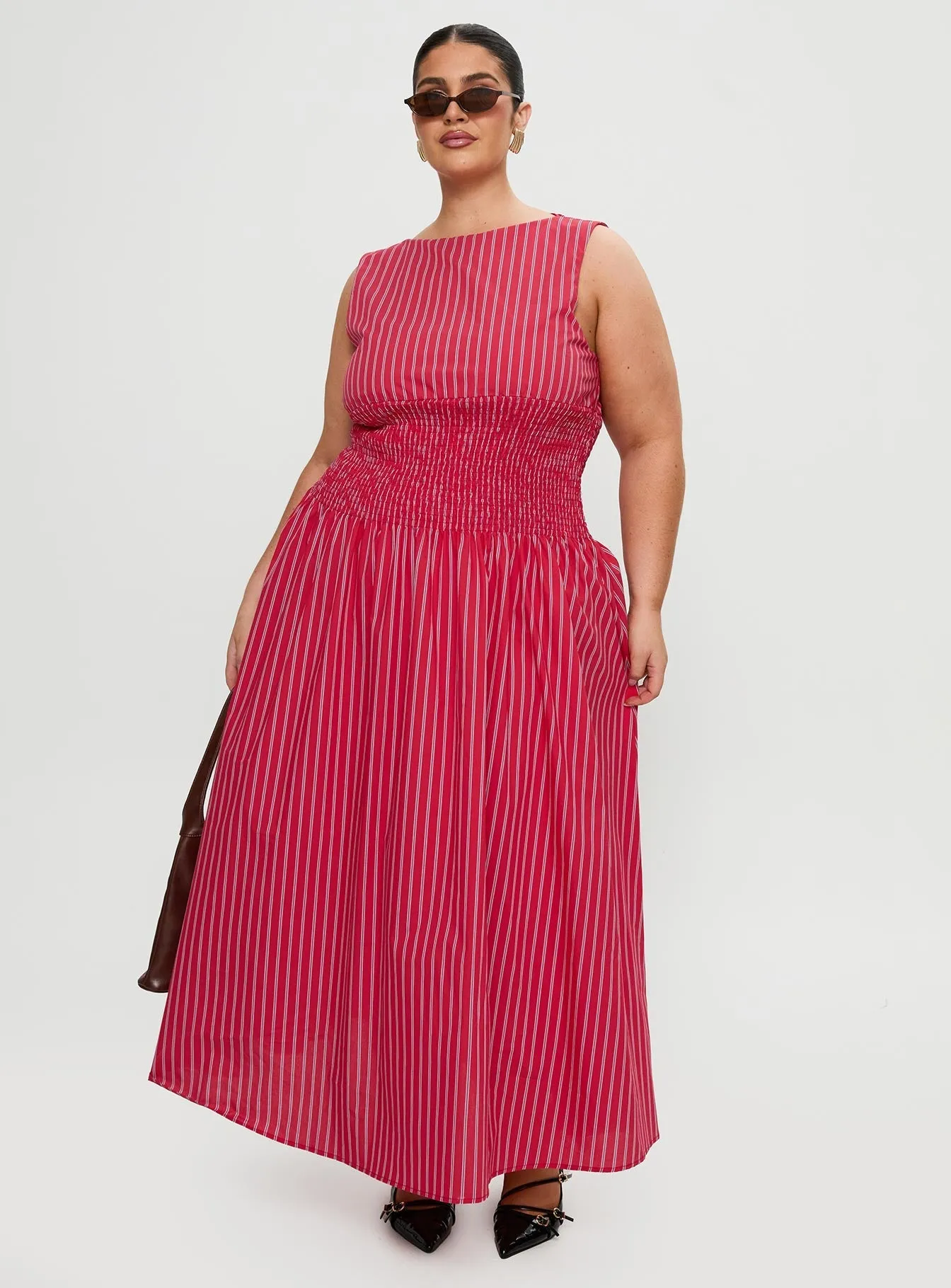 Lilienne Cotton Poplin Maxi Dress Red Stripe Curve Lightweight-Comfort