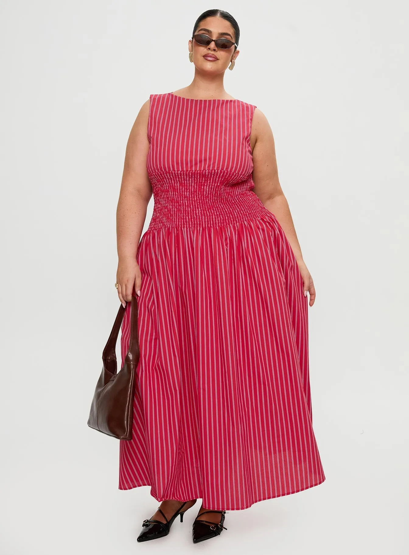 Special-Occasion Winter Wrap Lilienne Cotton Poplin Maxi Dress Red Stripe Curve