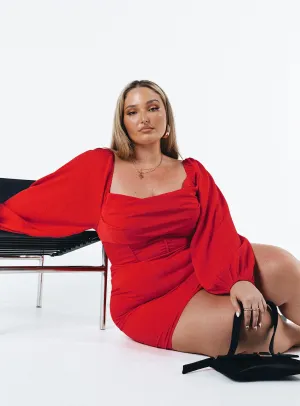 Lillie Long Sleeve Mini Dress Red Curve Romantic dinner wear Relax Cut