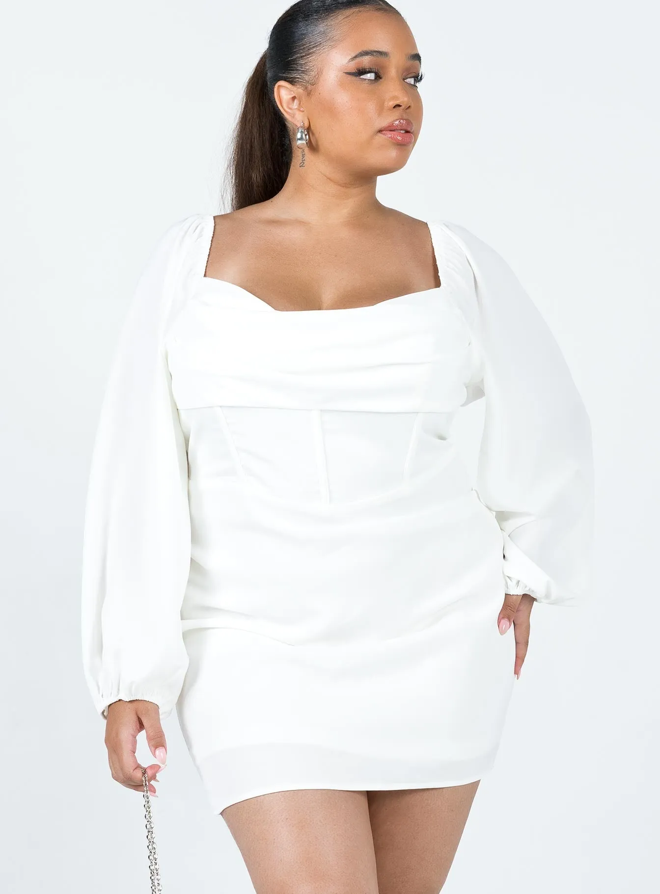 Lillie Long Sleeve Mini Dress White Curve ContrastStitching Front Ruffle