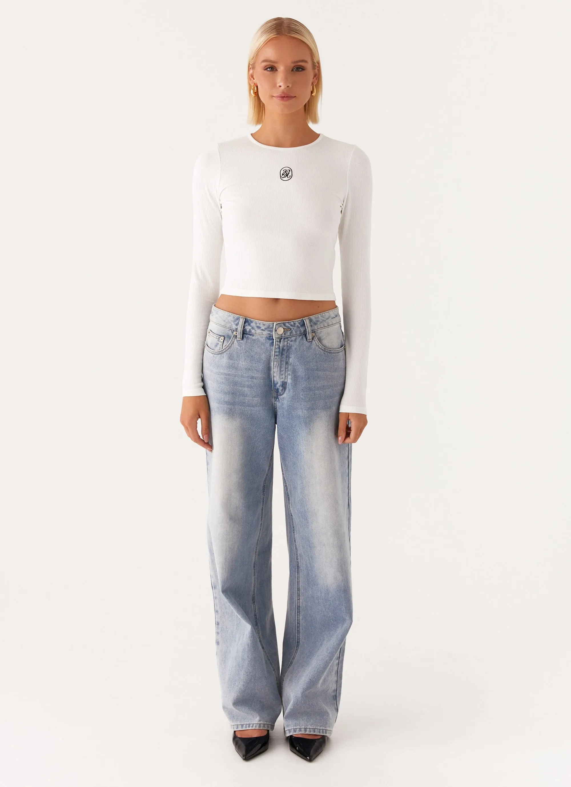 Signature Monogram Long Sleeve Tee - Off White MicroPiqueKnit Roomy Waist