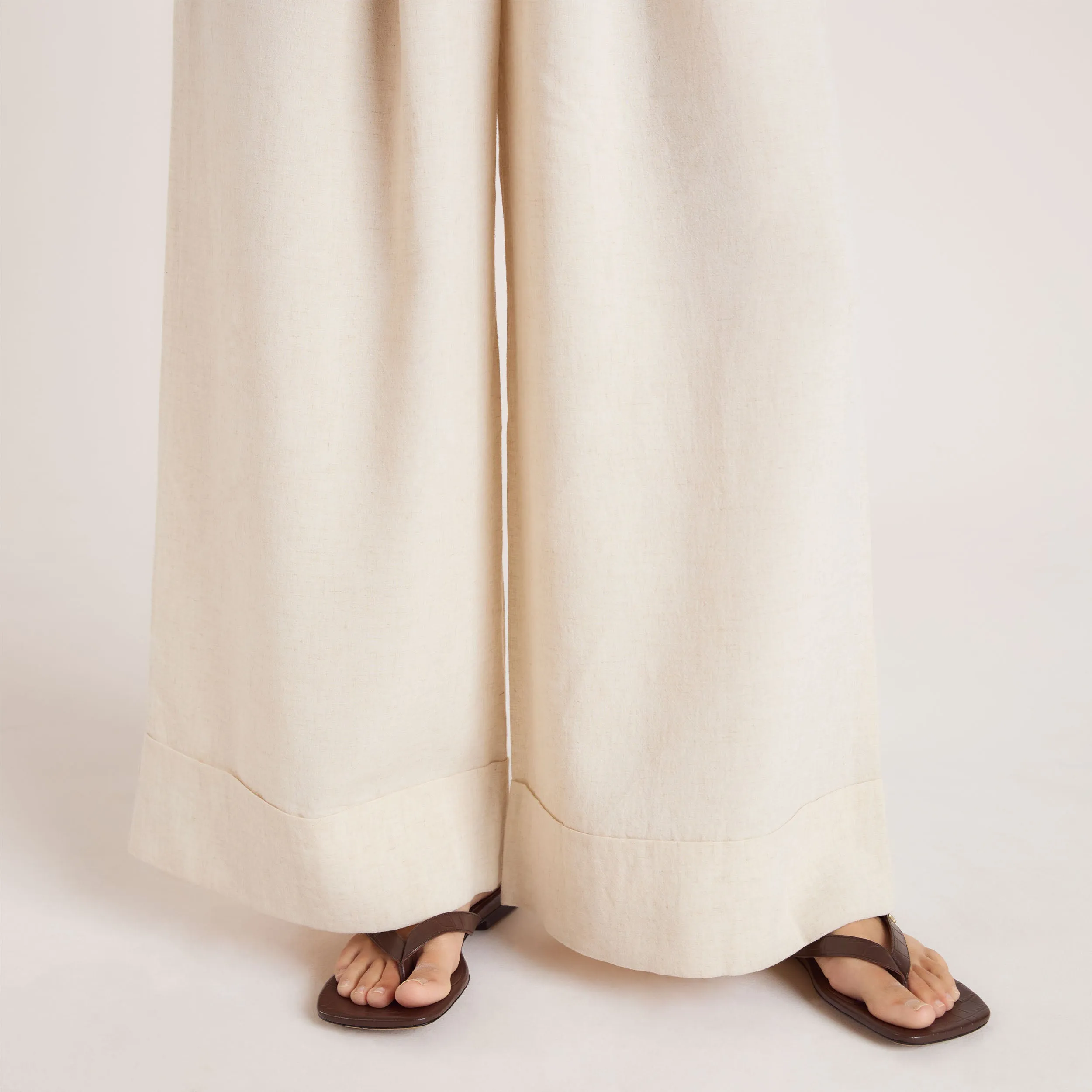 Linen Blend Wide-Leg Pants - Cream Breathable Material