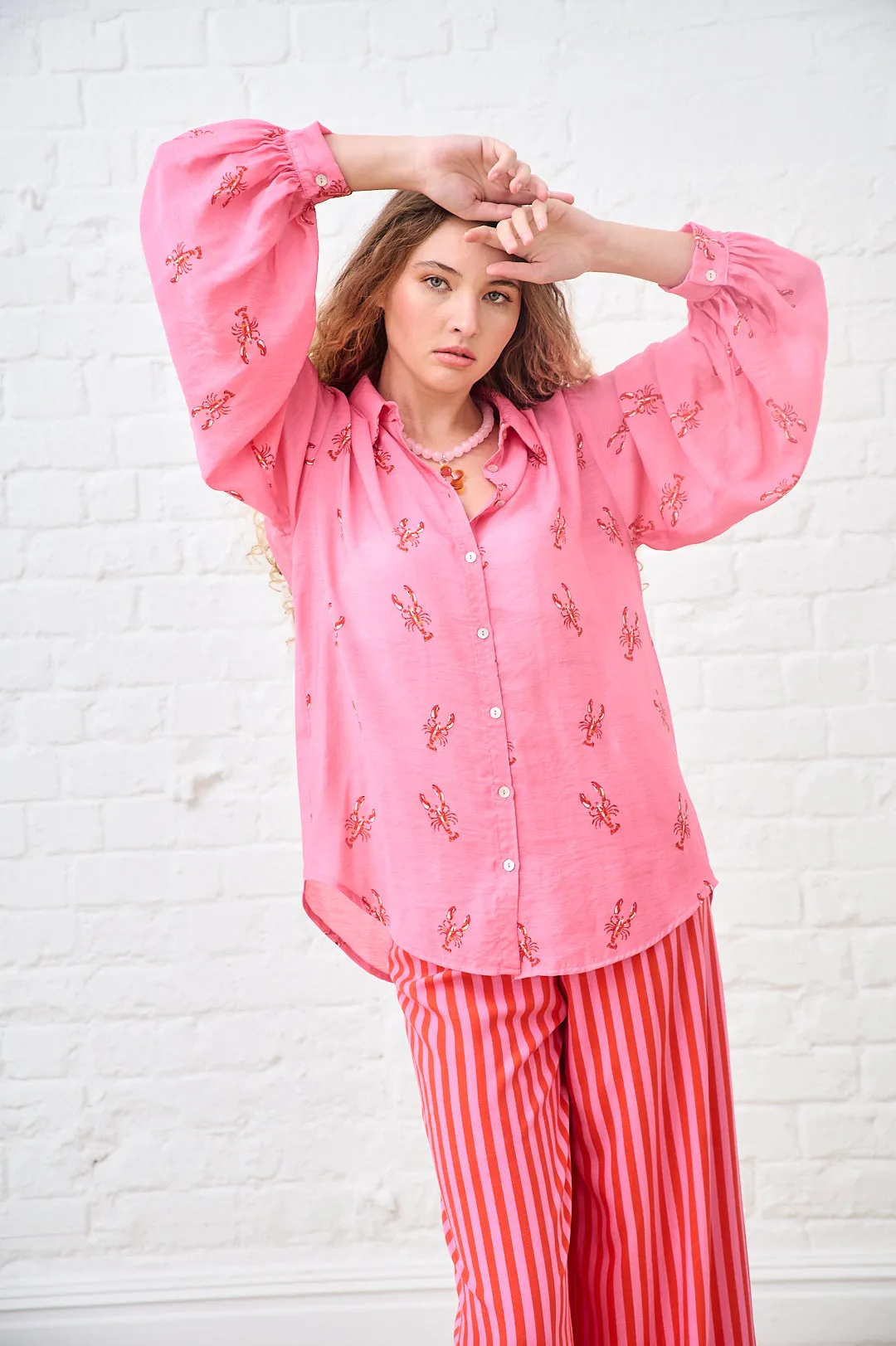 Bellow Sleeve Shirt in Lobster Print Relaxed Smart Pre Shrunk Fabric