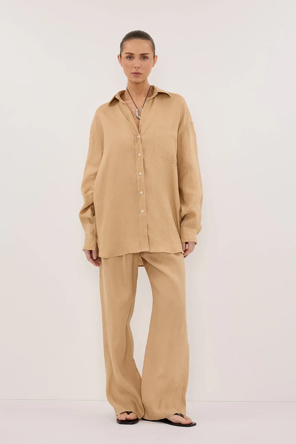 Breathable Flex Fit ComfortOptimizedConstruction LUNE TAN OVERSIZED LINEN SHIRT