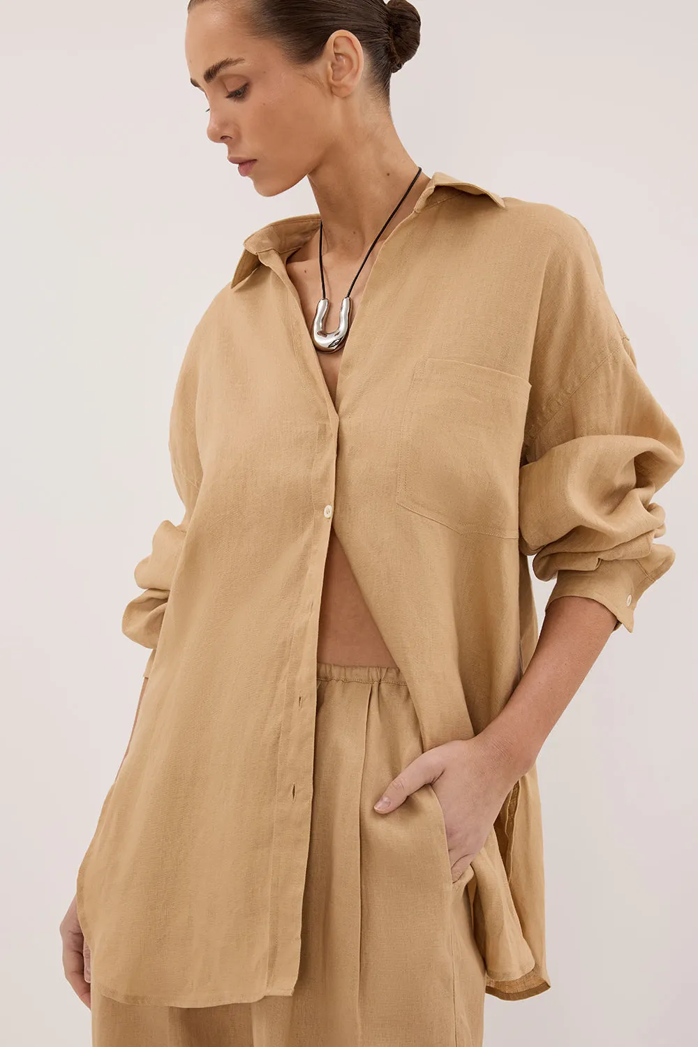 LUNE TAN OVERSIZED LINEN SHIRT Perfect Layer Breezy Comfort