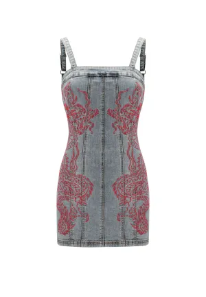 Womens Dragon Flame Denim Mini Dress - Mid Blue Invisible-Zip Slim Silhouette