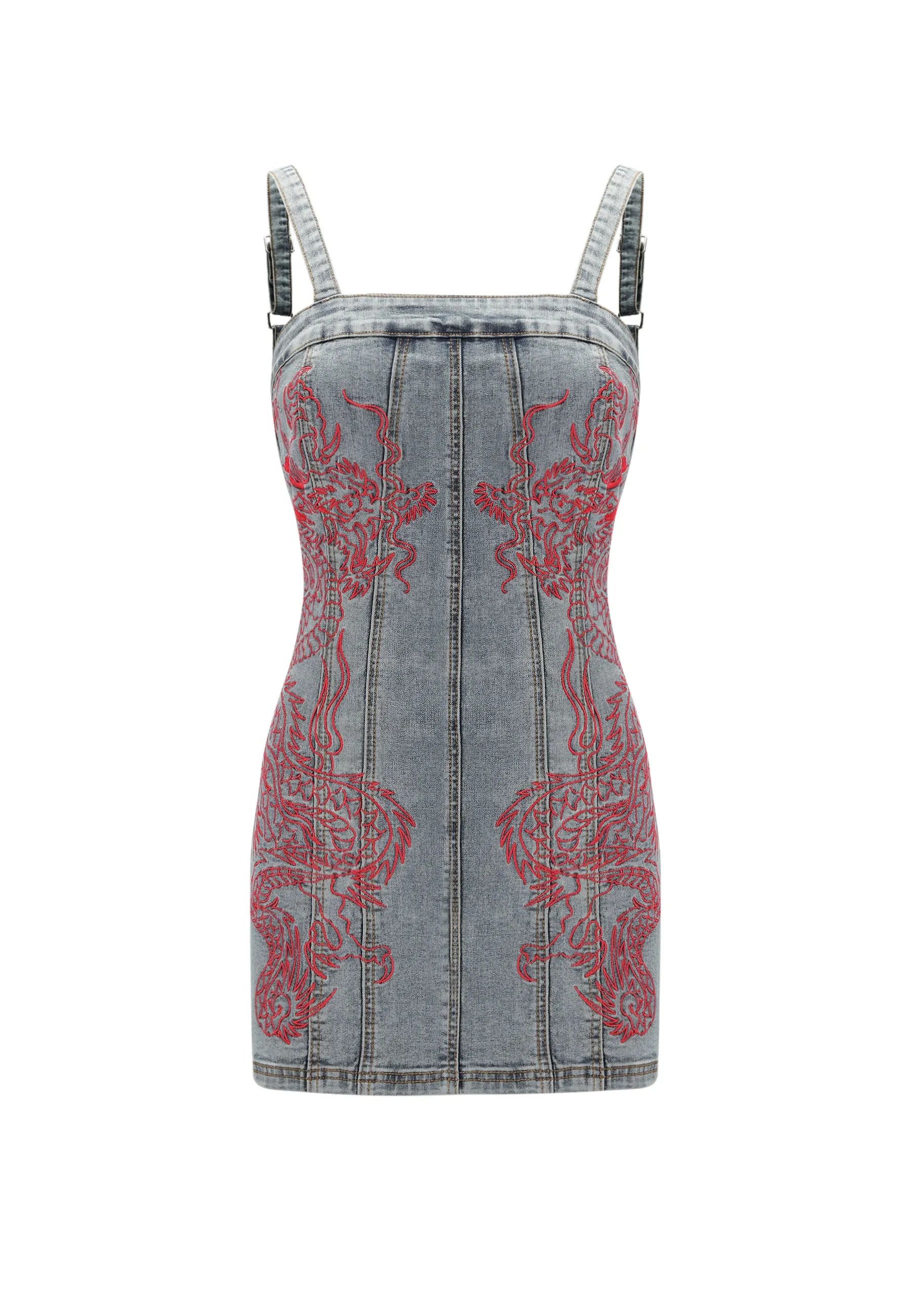 Womens Dragon Flame Denim Mini Dress - Mid Blue Refined Vibe