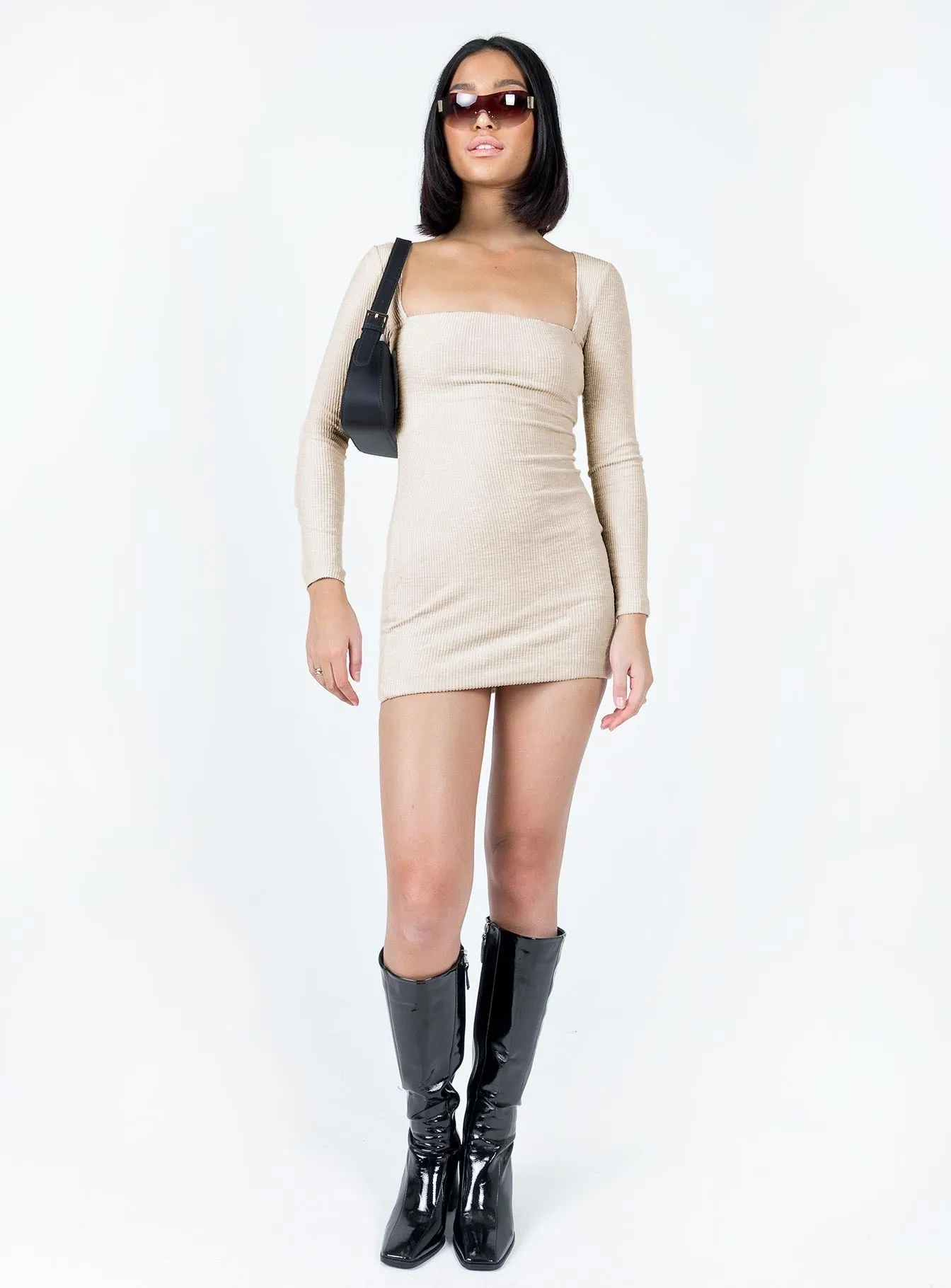 Full Coverage Body Positive Melbourne Long Sleeve Mini Dress Beige