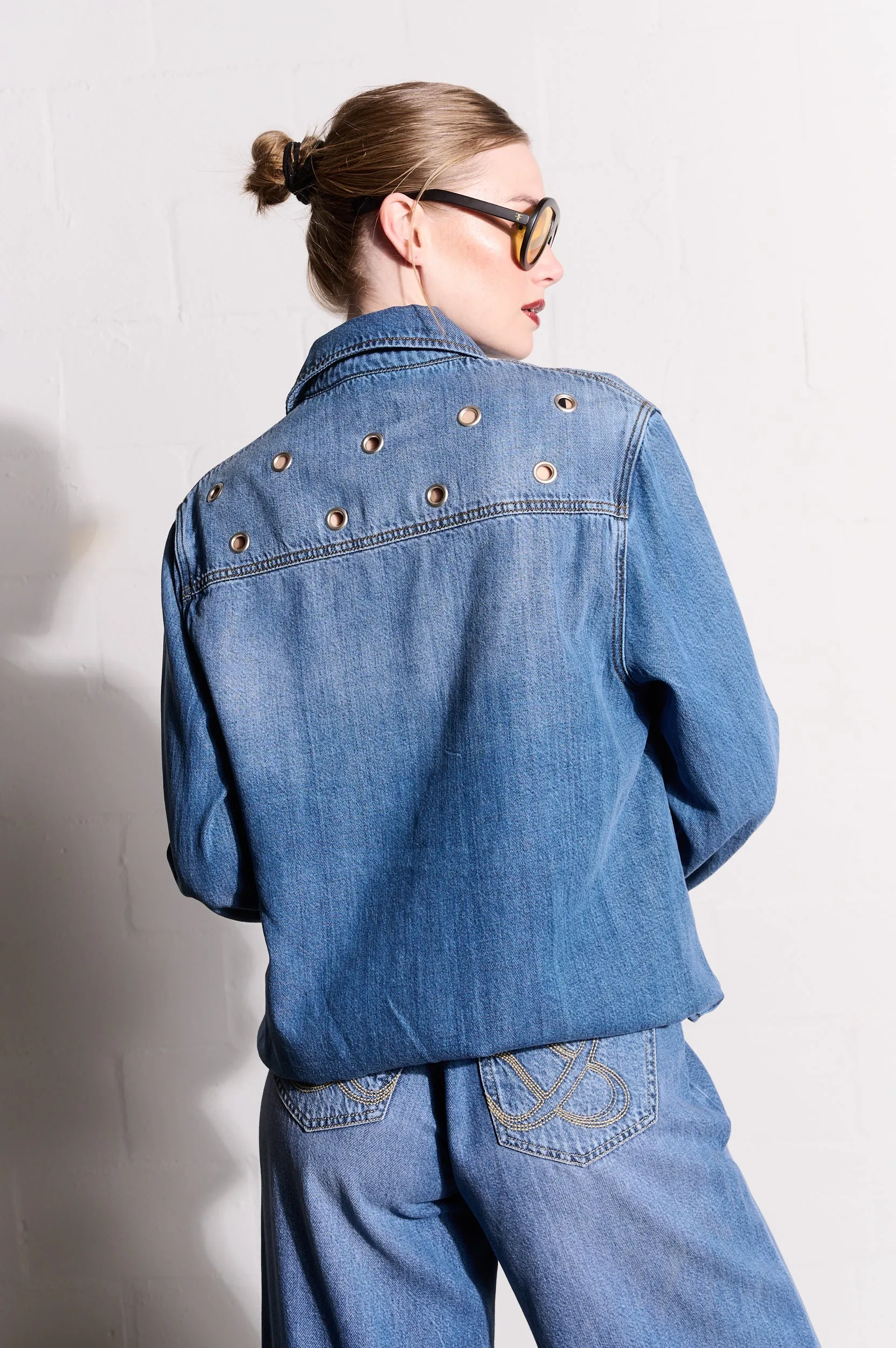 Everyday Essential Street Ready Lyocell Denim Shirt with Eyelets in Medium Wash