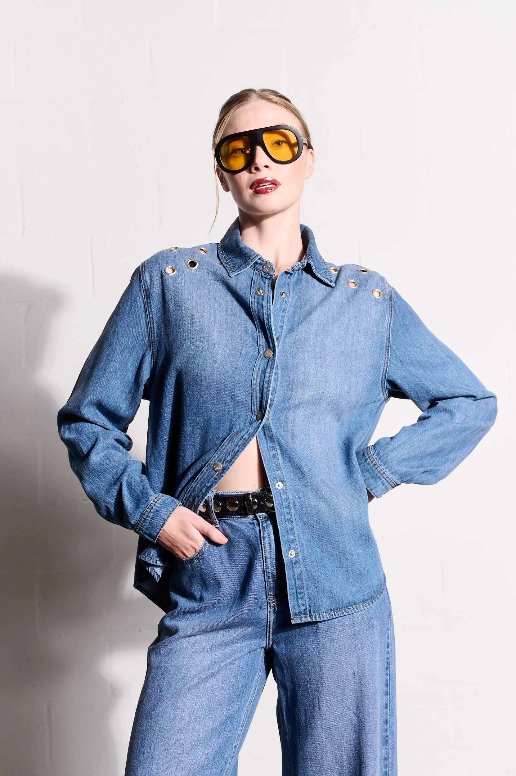 Lyocell Denim Shirt with Eyelets in Medium Wash Fashion Must-Have