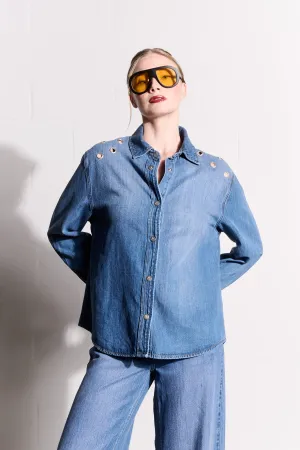 Sleek Fit DoubleLayeredCollar Lyocell Denim Shirt with Eyelets in Medium Wash