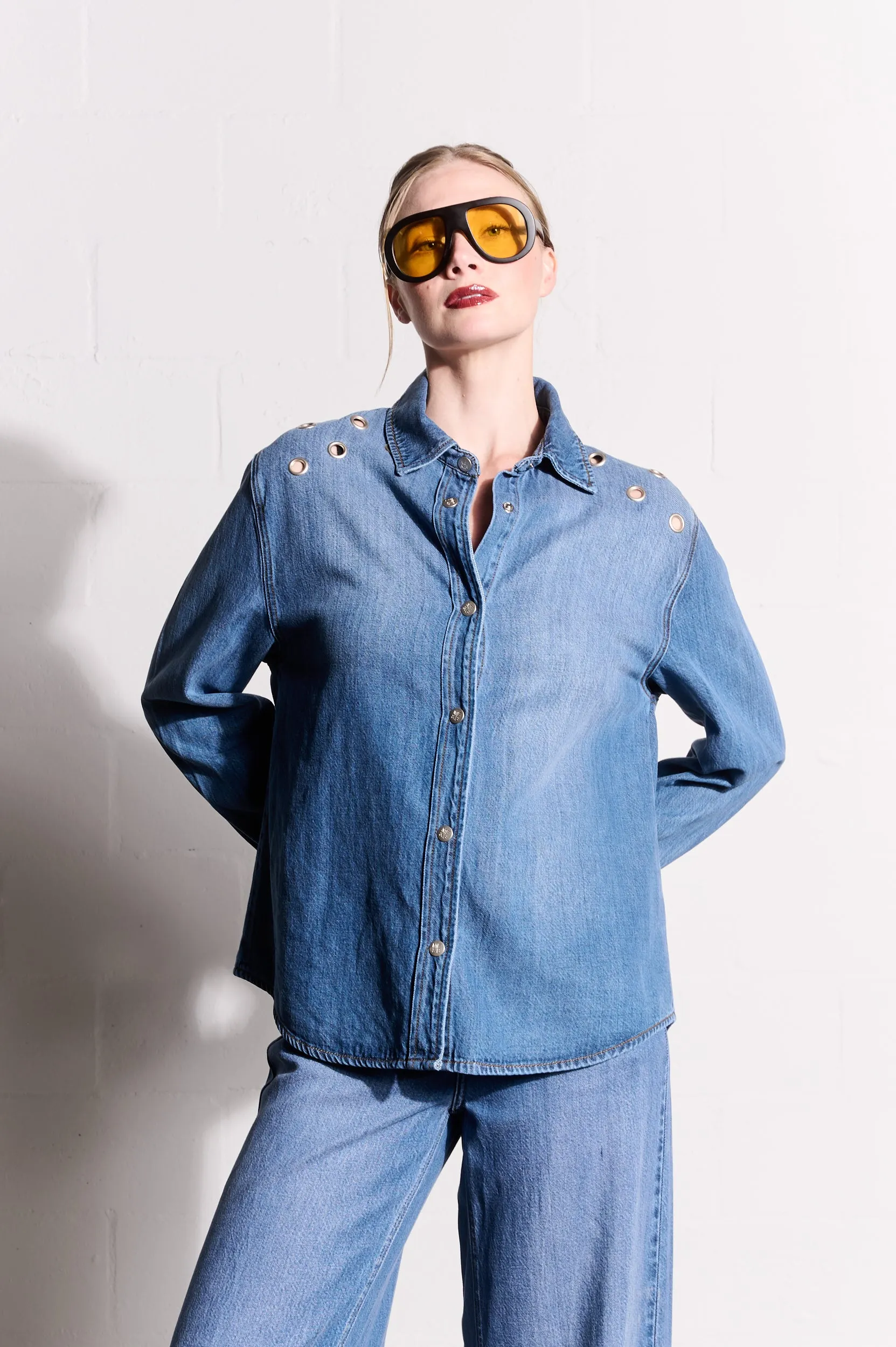 Sleek Fit DoubleLayeredCollar Lyocell Denim Shirt with Eyelets in Medium Wash