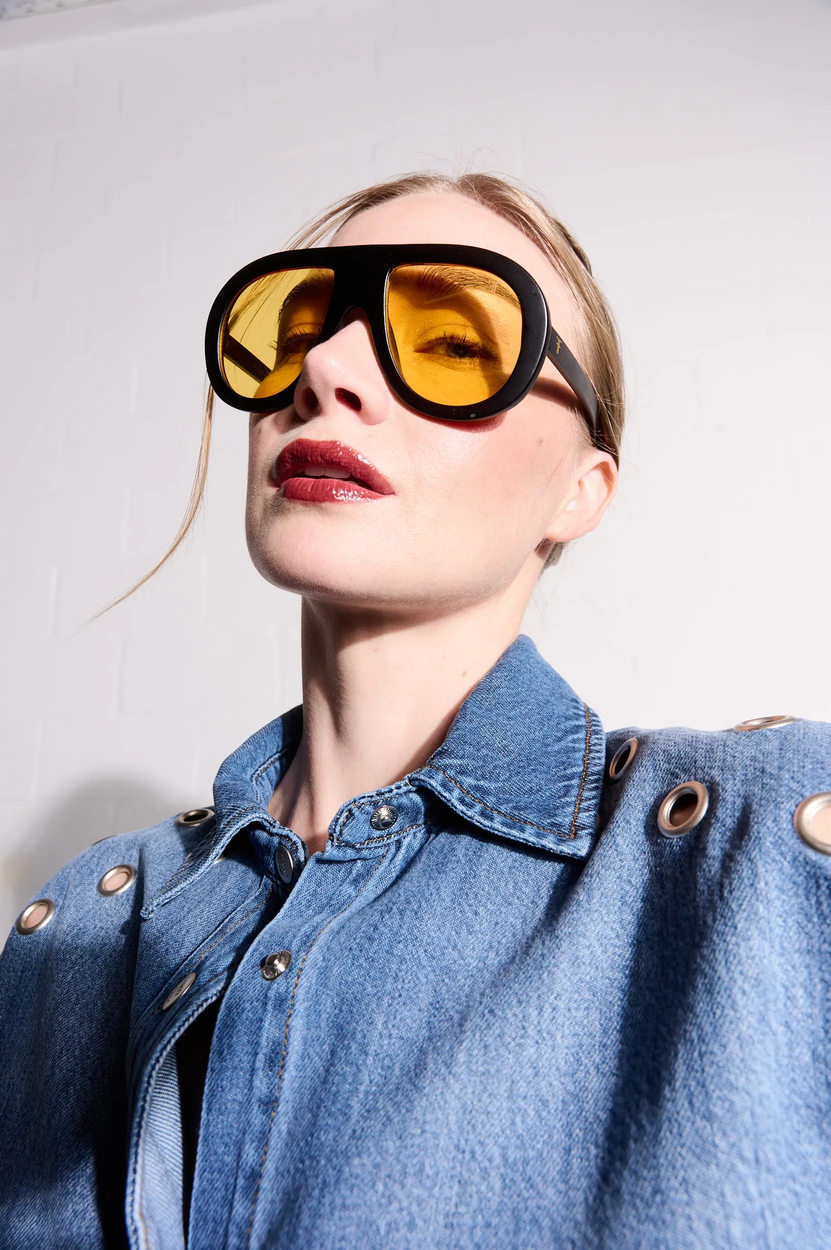 Trendy Vibe Layering Piece Lyocell Denim Shirt with Eyelets in Medium Wash