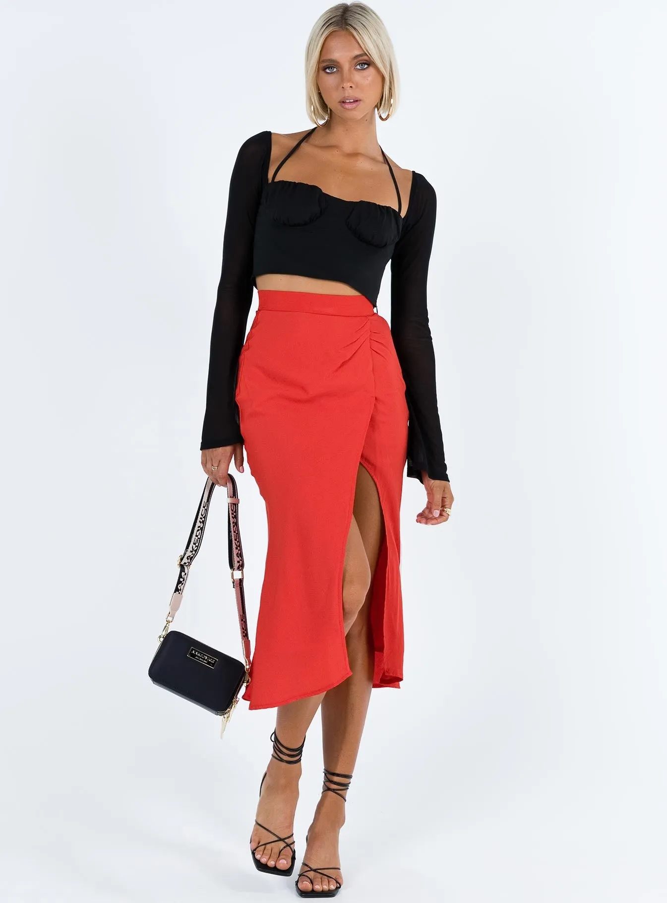 Minimalist Trim Polished Style Mabel Midi Skirt Red