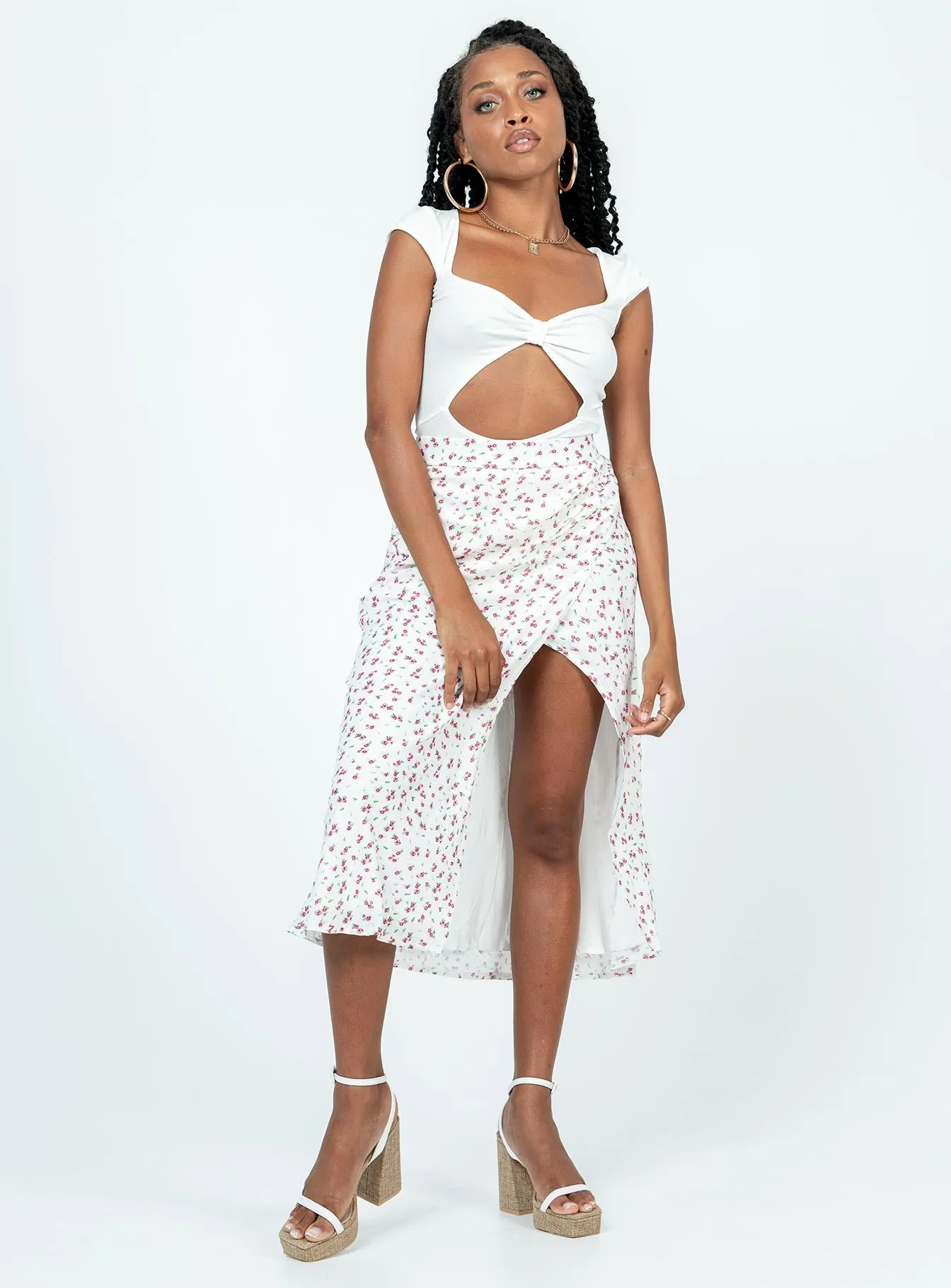 Mabel Midi Skirt White Floral Stretch Material Front Slit