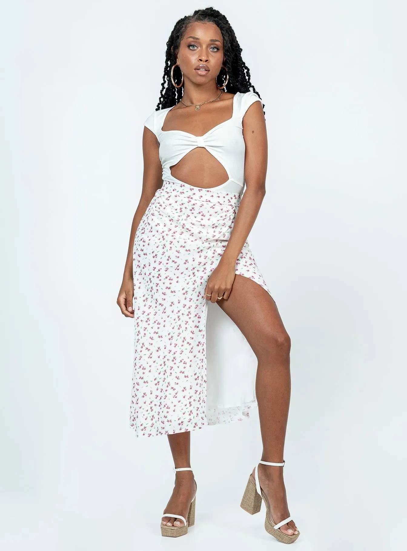 Drawstring closure Weekend Vibes Mabel Midi Skirt White Floral