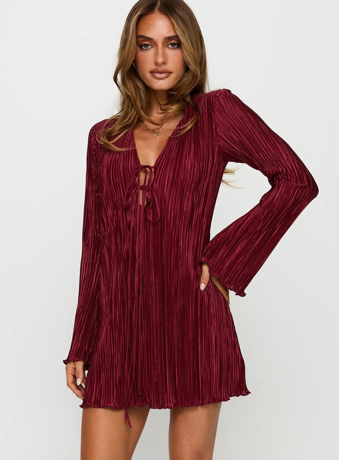Relax Feel Malop Long Sleeve Mini Dress Burgundy