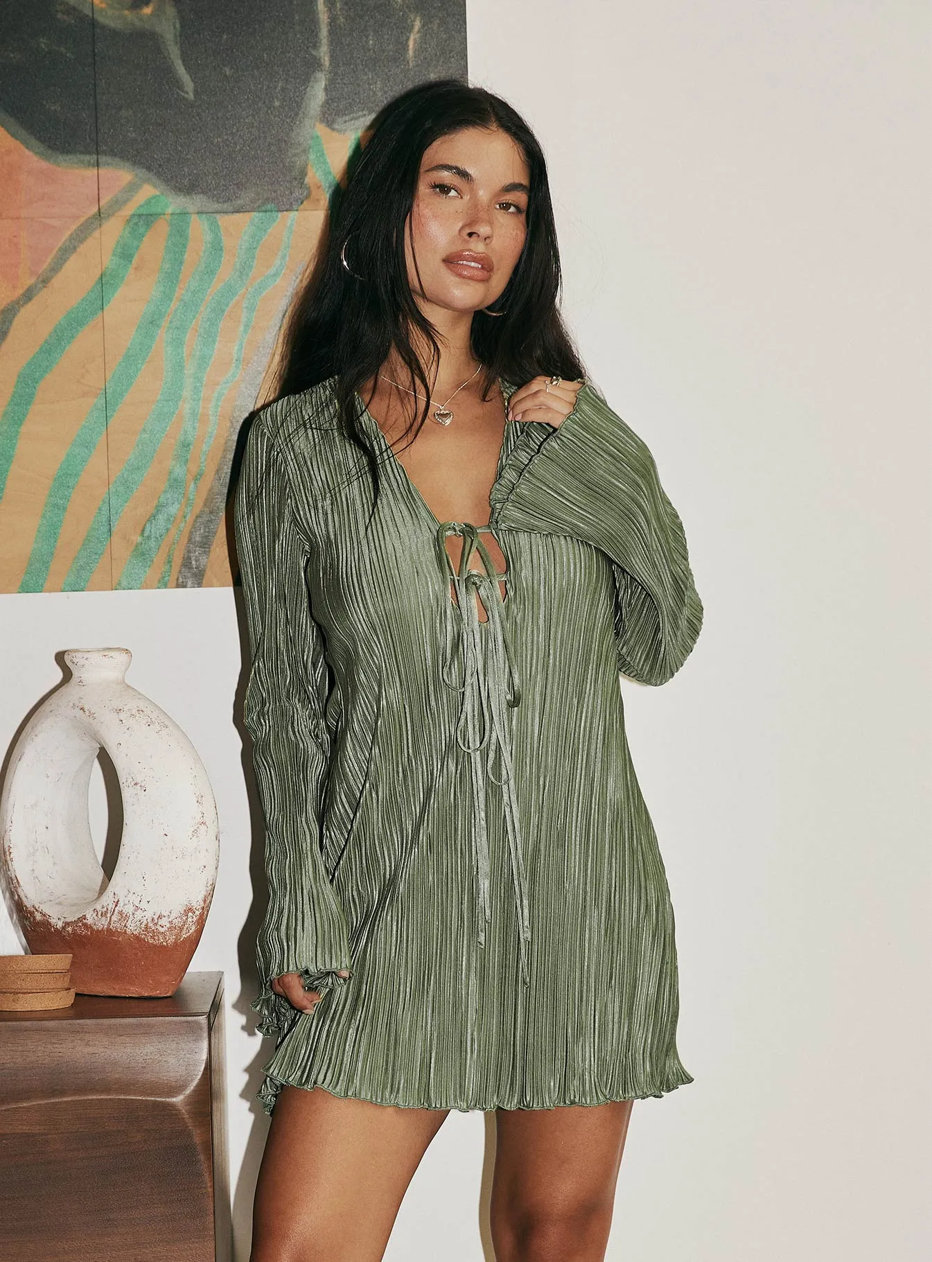 Malop Long Sleeve Mini Dress Sage Effortless Vibe