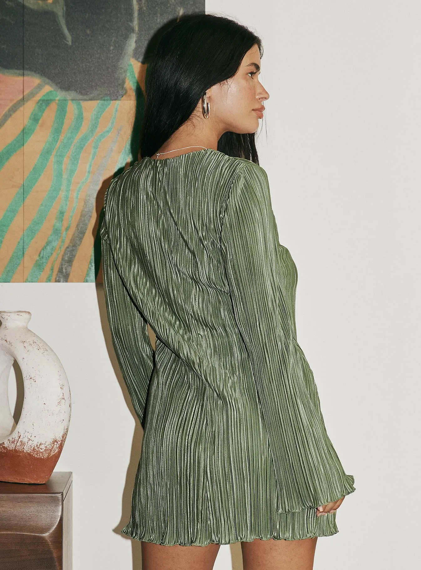 Lace-Trim Gentle Motion Malop Long Sleeve Mini Dress Sage