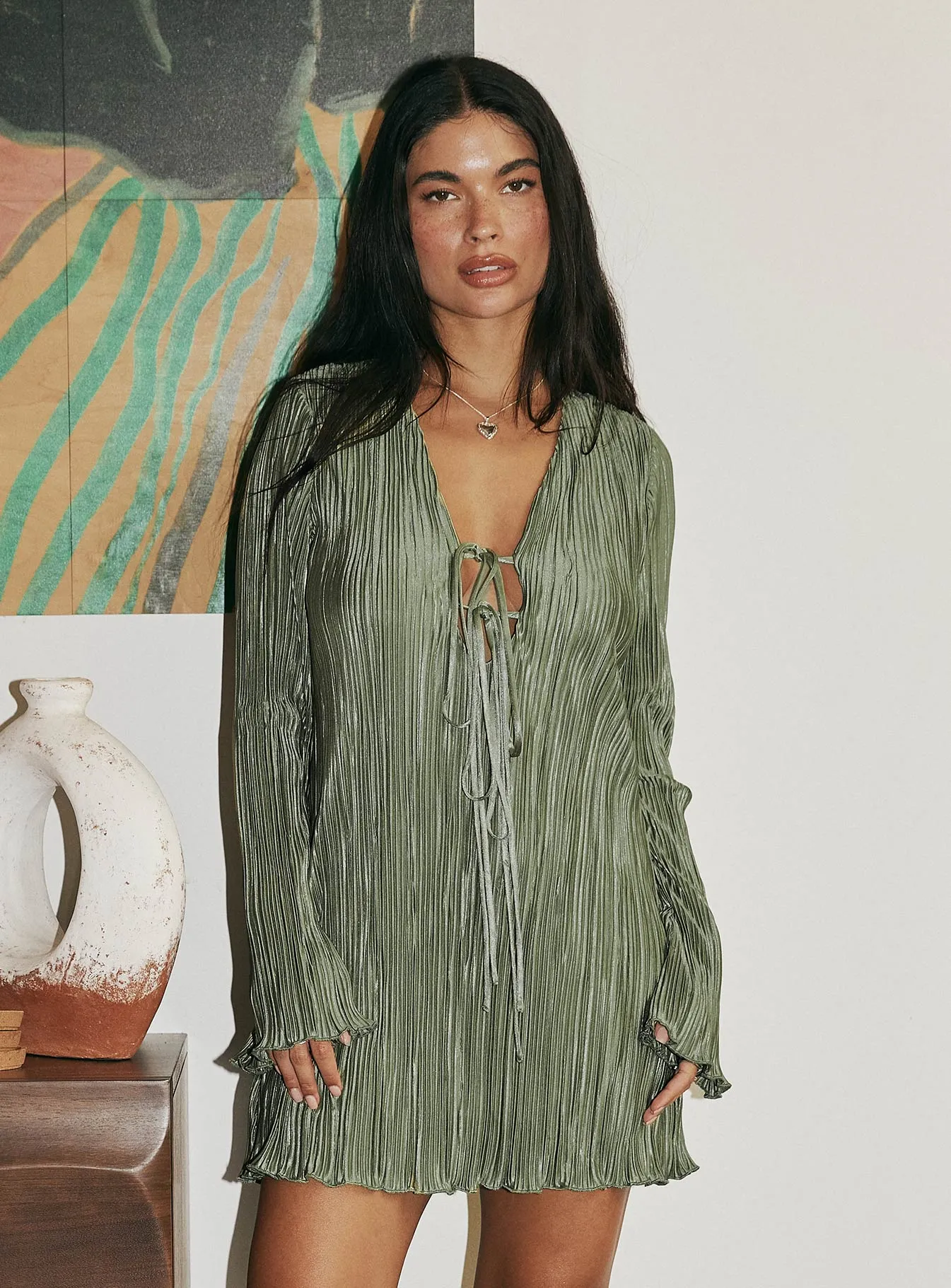 Malop Long Sleeve Mini Dress Sage Nature Glow A Line Cut