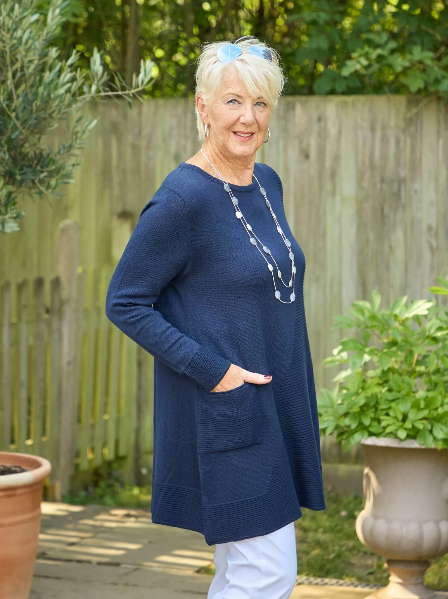 Mia Knitted Jumper - Navy Garment Washed Openwork Lattice Pattern