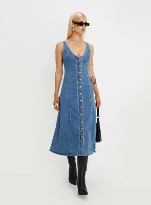 breathable-mesh Midler Denim Midi Dress Mid Blue