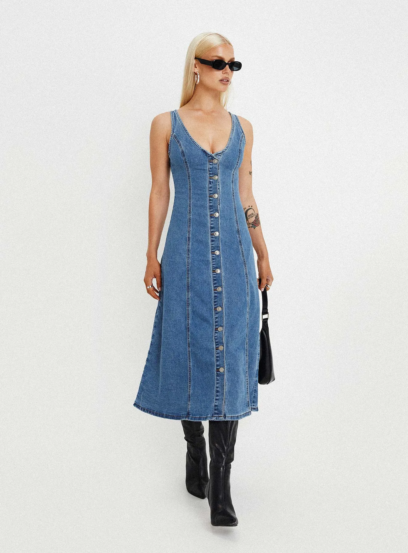 breathable-mesh Midler Denim Midi Dress Mid Blue