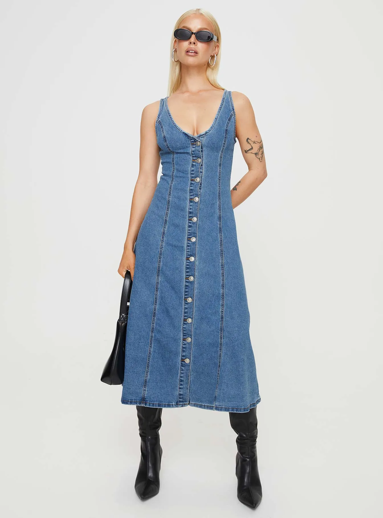 Relaxed Style Wear Midler Denim Midi Dress Mid Blue