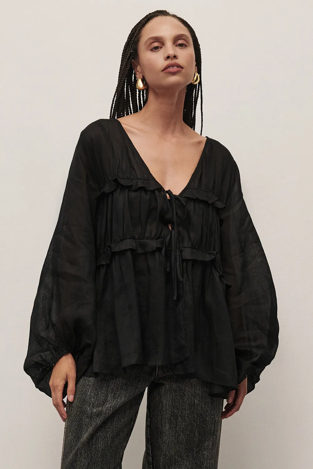 Structured silhouette Foam Print Detail MILA BLACK RAMIE LONG SLEEVE FRILL TOP