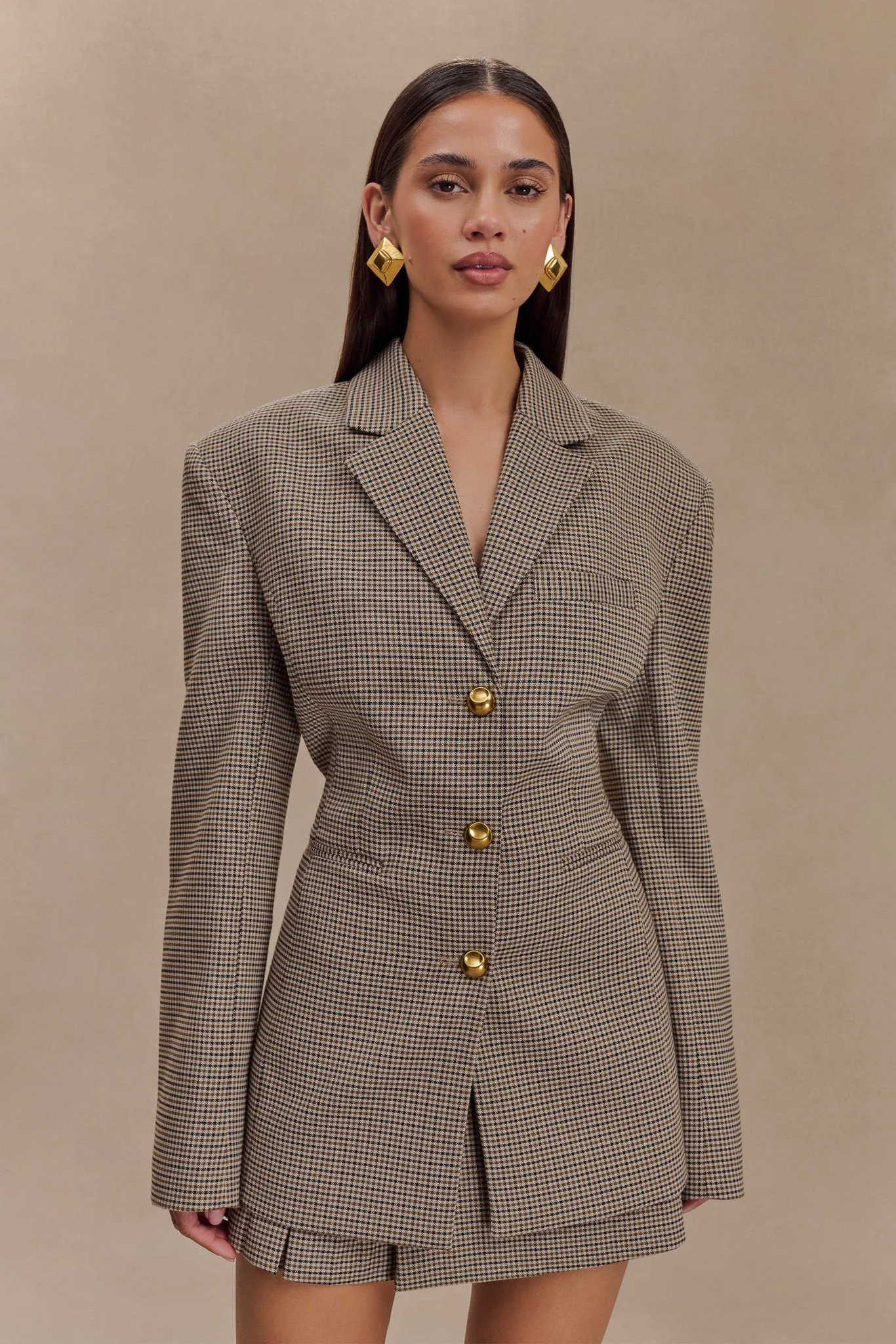 QuickDry Fabric Mila Shaped Blazer - Tan Check