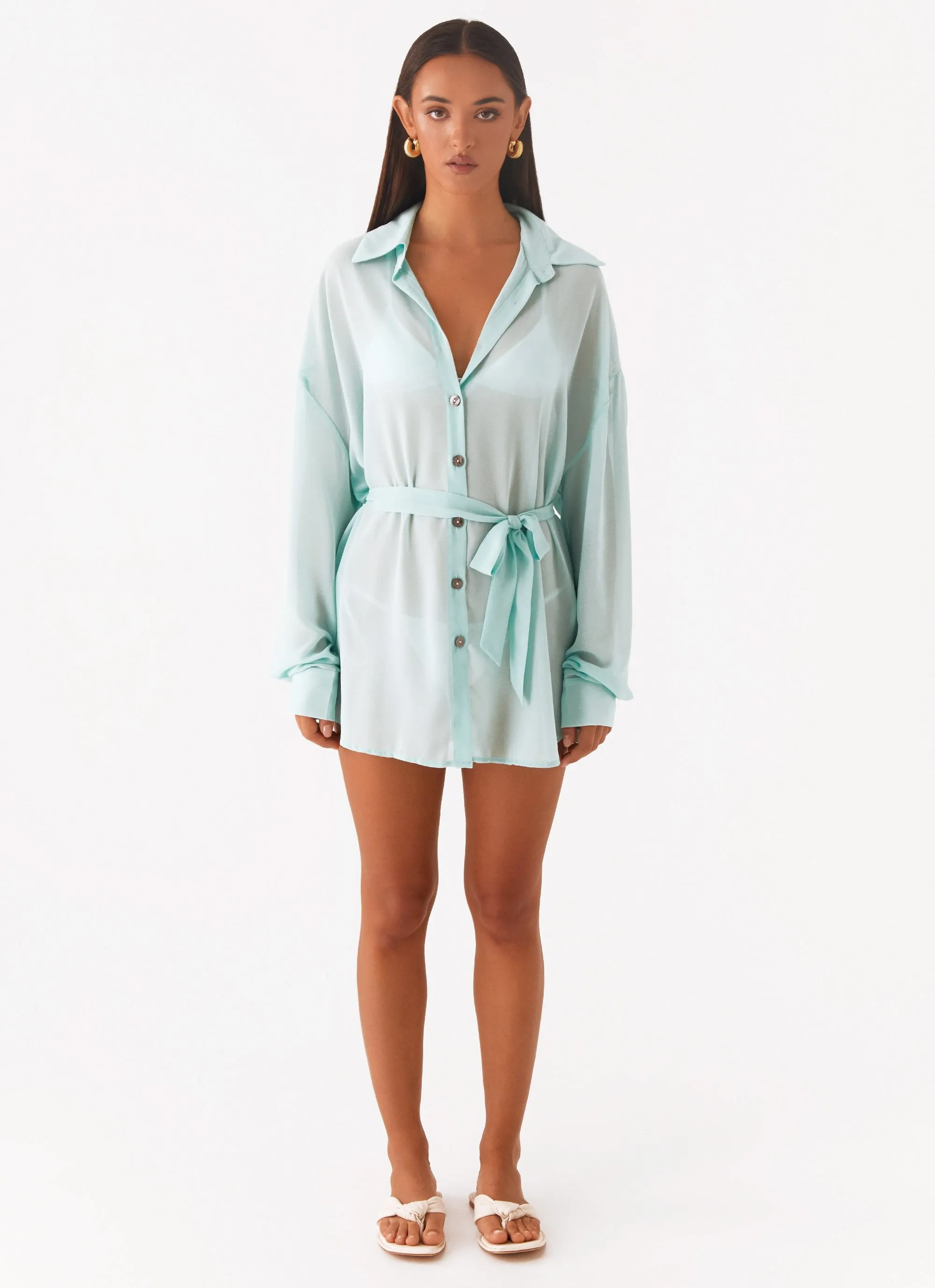 Chic and Cozy Wear Stretch Fit Miley Oversized Chiffon Shirt - Pale Blue